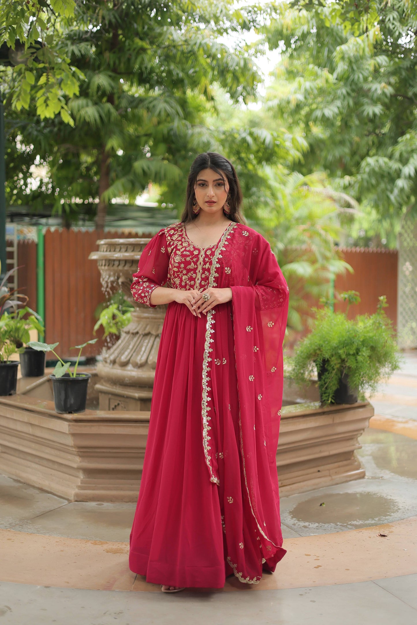 Jyoti Fashion Women's Rani Pink Faux Blooming Sequins Zari Embroidered Long Anarkali Sets | Swadesiicart