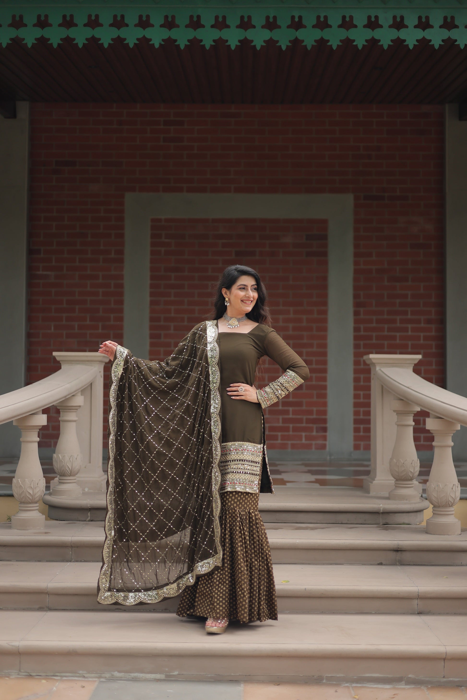 Jyoti Fashion Women's Olive Green Faux Georgette Sequins Thread Embroidered Kurta Set with Dupatta | Swadesiicart