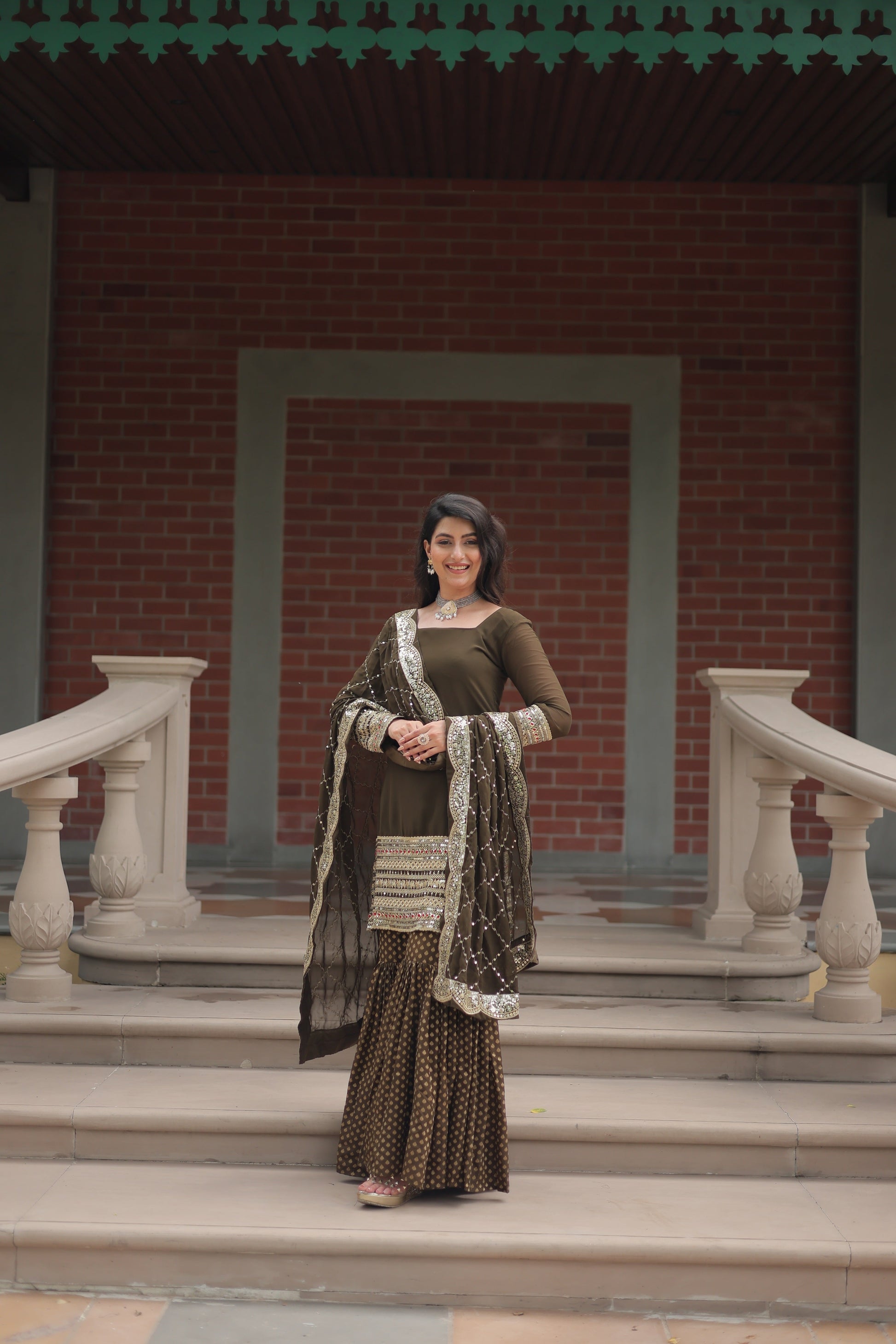 Jyoti Fashion Women's Olive Green Faux Georgette Sequins Thread Embroidered Kurta Set with Dupatta | Swadesiicart