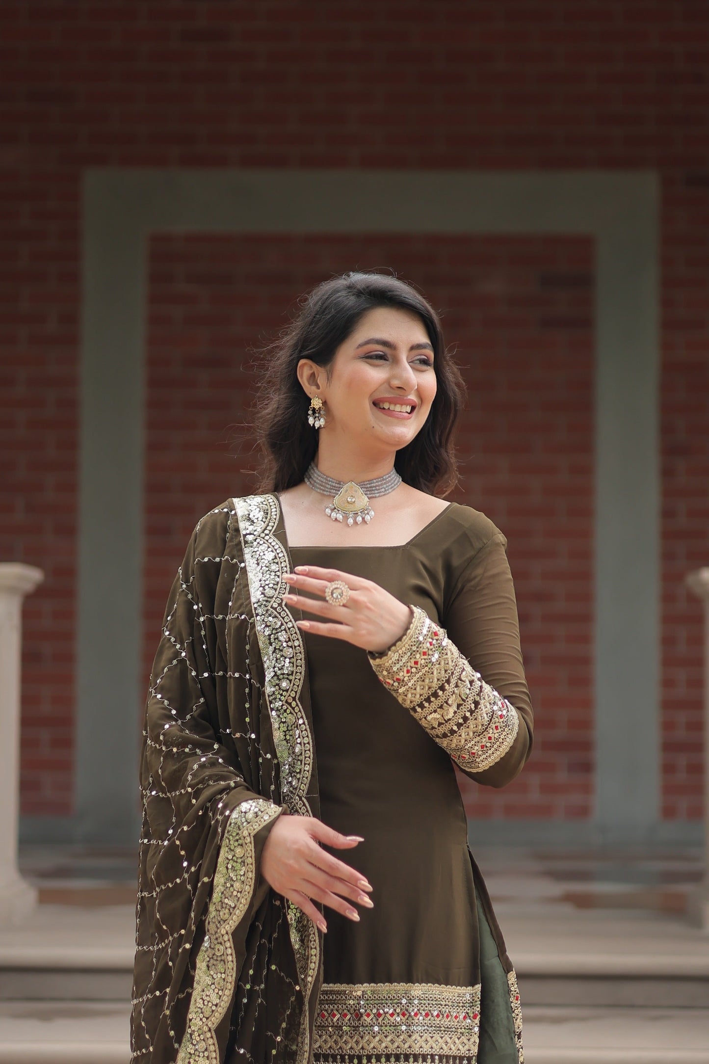 Jyoti Fashion Women's Olive Green Faux Georgette Sequins Thread Embroidered Kurta Set with Dupatta | Swadesiicart