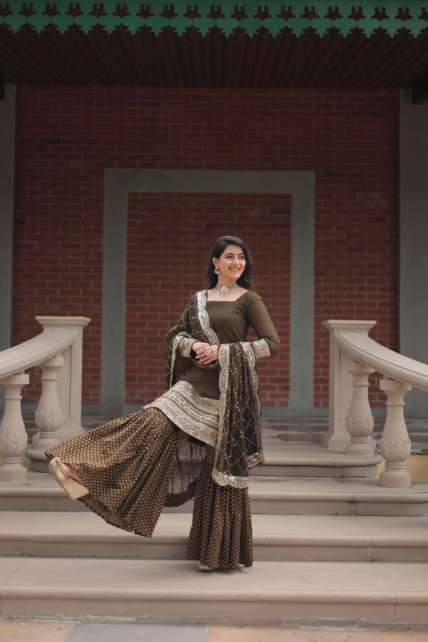 Jyoti Fashion Women's Olive Green Faux Georgette Sequins Thread Embroidered Kurta Set with Dupatta | Swadesiicart