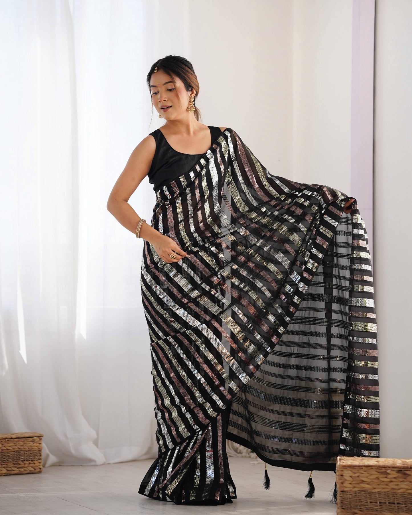 Jyoti Fashion Women's Black Georgette Multi Sequins Designer Saree with Blouse | Swadesiicart