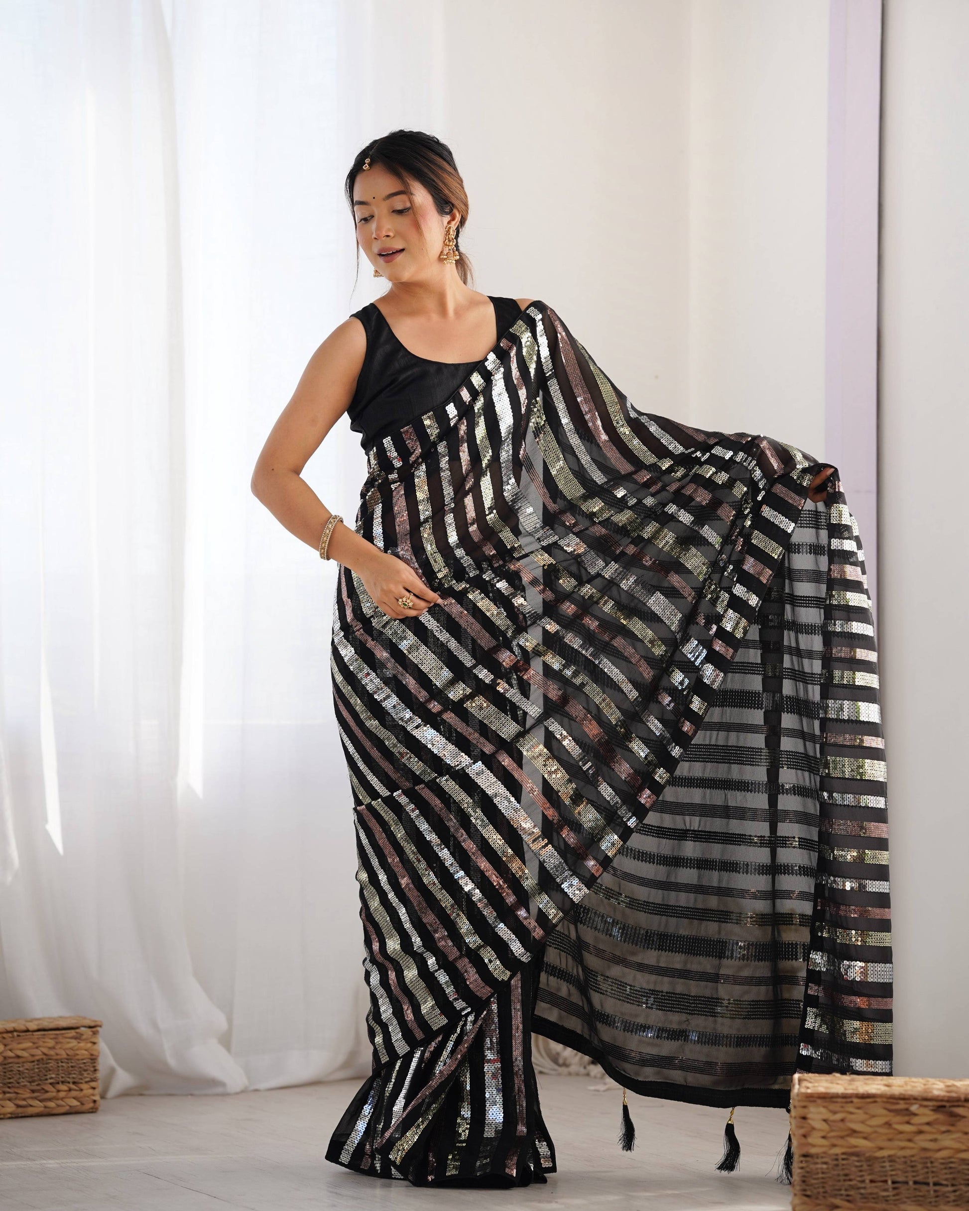 Jyoti Fashion Women's Black Georgette Multi Sequins Designer Saree with Blouse | Swadesiicart