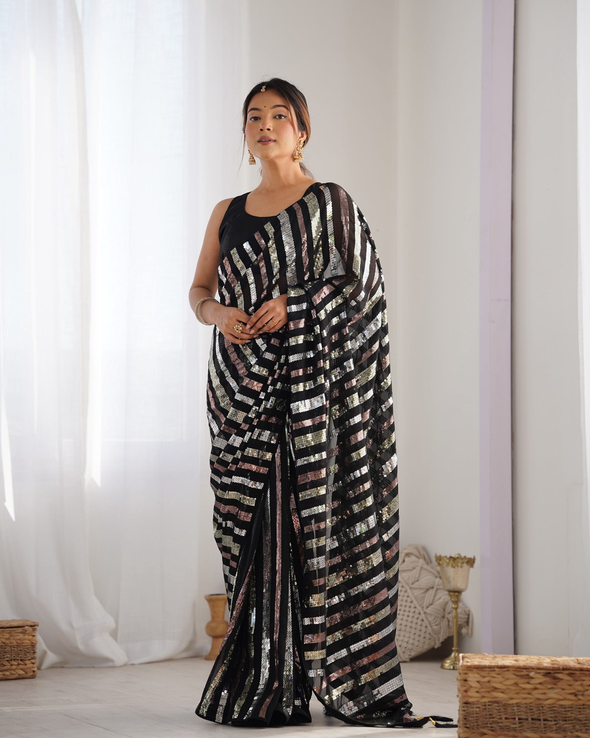 Jyoti Fashion Women's Black Georgette Multi Sequins Designer Saree with Blouse | Swadesiicart