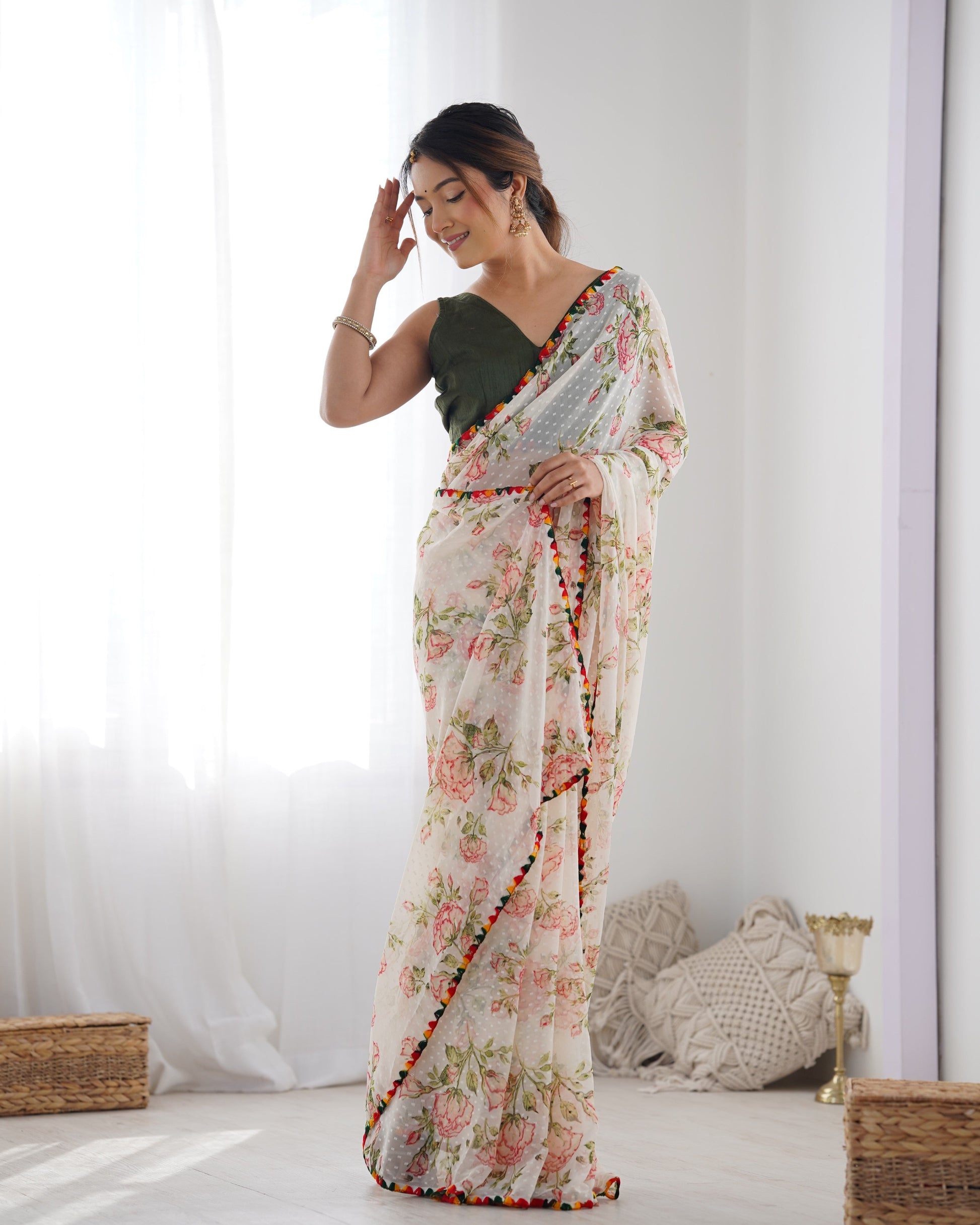 Jyoti Fashion Women's Off-White Georgette Printed Designer Saree with Blouse | Swadesiicart