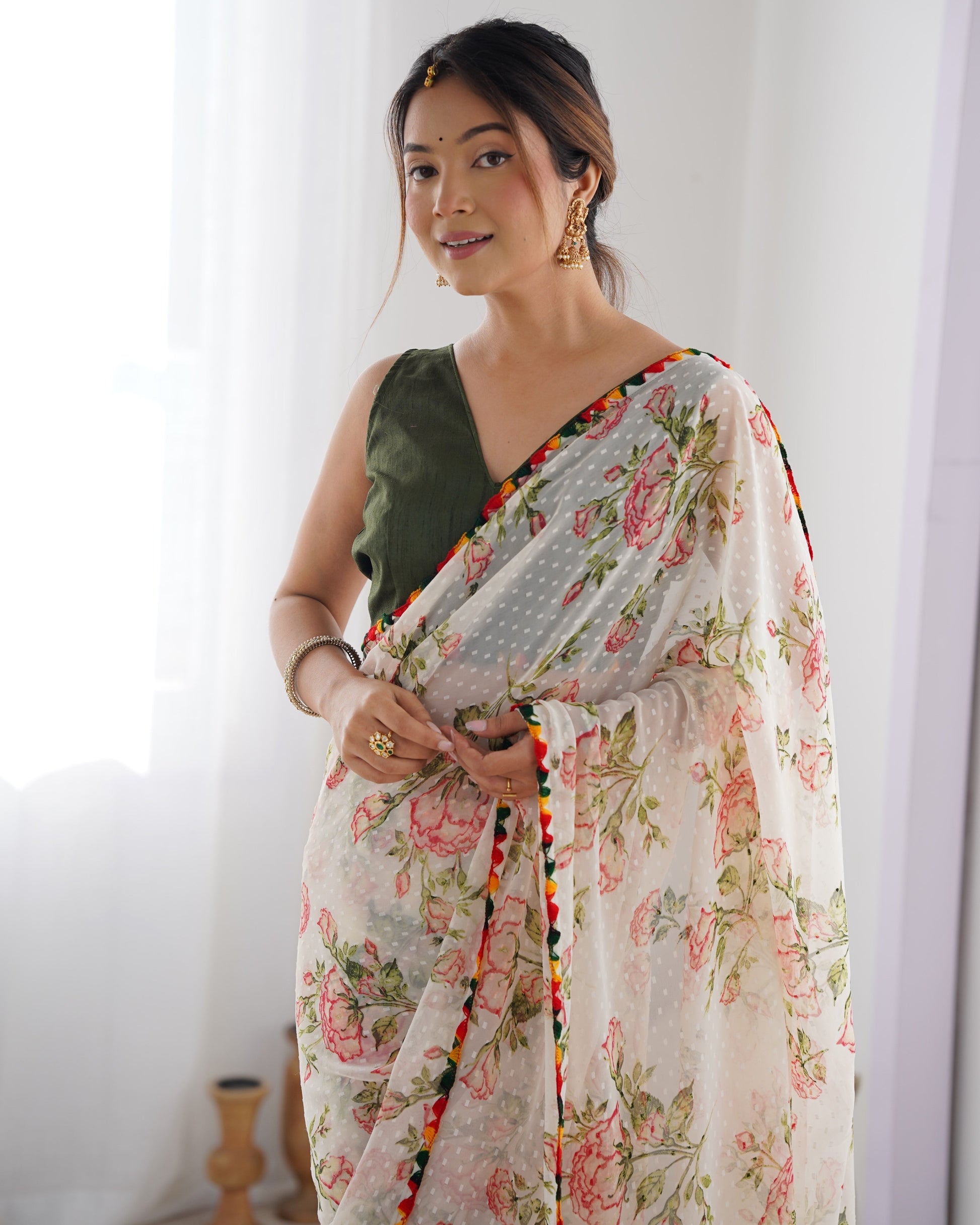 Jyoti Fashion Women's Off-White Georgette Printed Designer Saree with Blouse | Swadesiicart