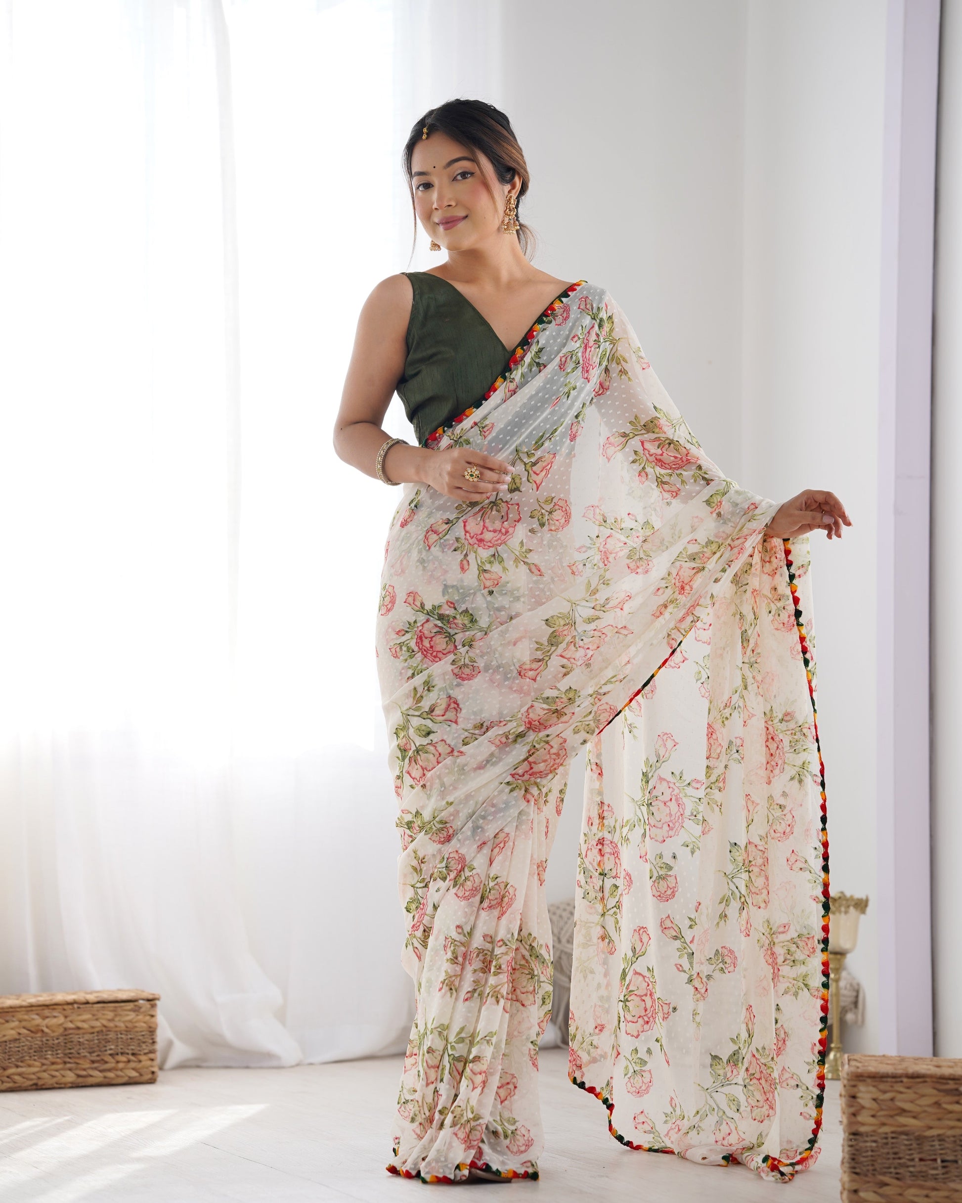 Jyoti Fashion Women's Off-White Georgette Printed Designer Saree with Blouse | Swadesiicart
