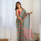 Jyoti Fashion Women's Green Chinon Print with Mirror Work Designer Saree with Blouse | Swadesiicart