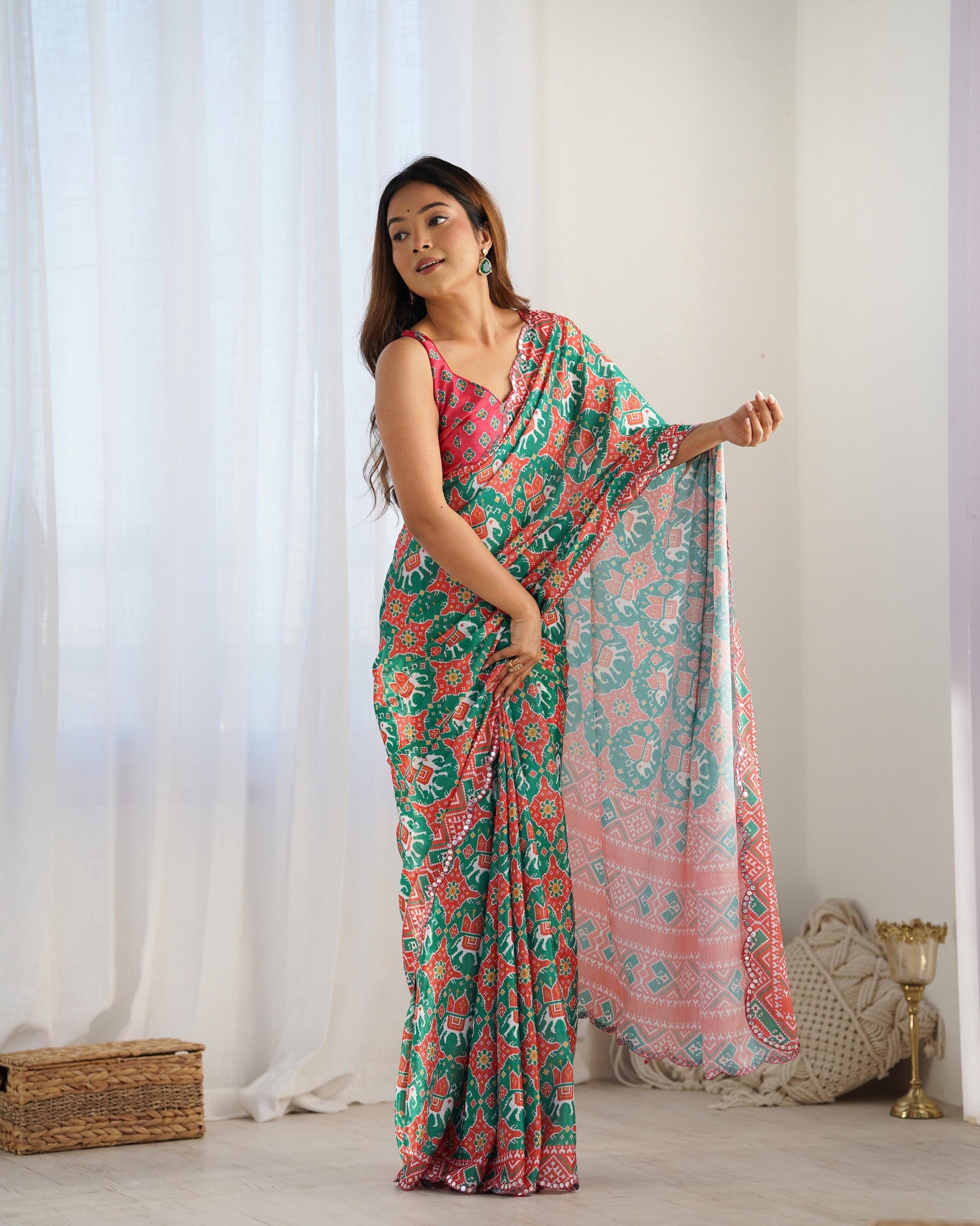 Jyoti Fashion Women's Green Chinon Print with Mirror Work Designer Saree with Blouse | Swadesiicart