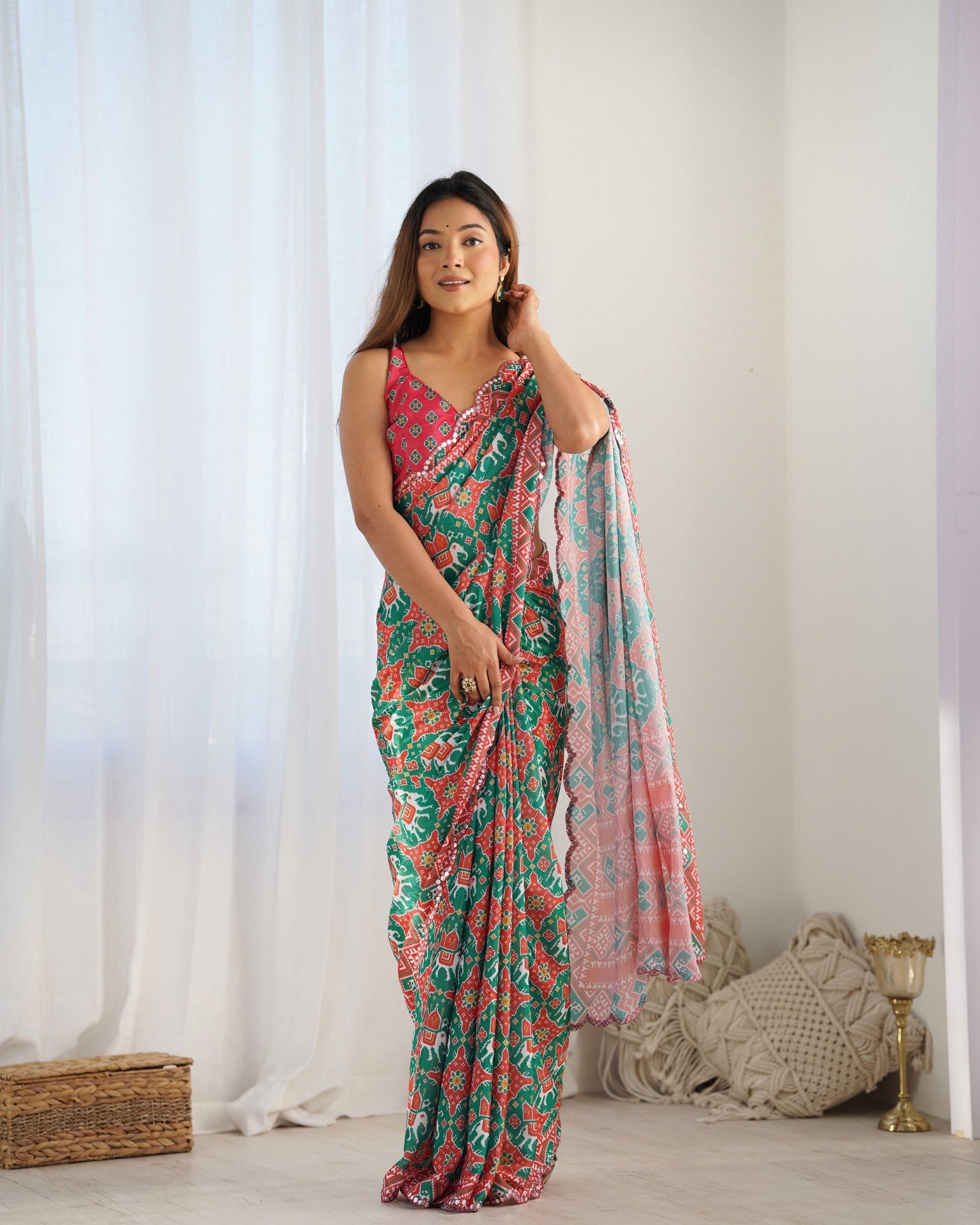 Jyoti Fashion Women's Green Chinon Print with Mirror Work Designer Saree with Blouse | Swadesiicart