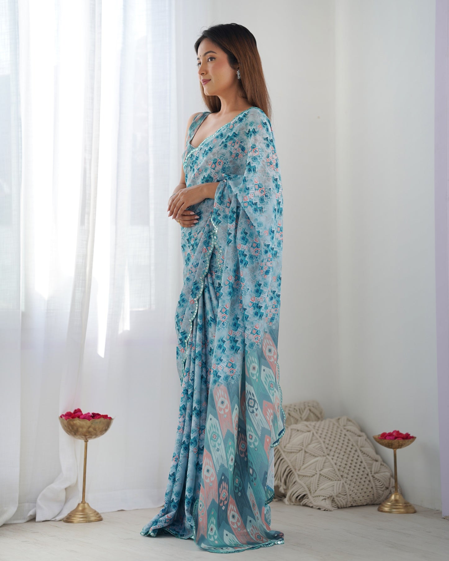 Jyoti Fashion Women's Sky Blue Chinon Print with Mirror Work Designer Saree with Blouse | Swadesiicart