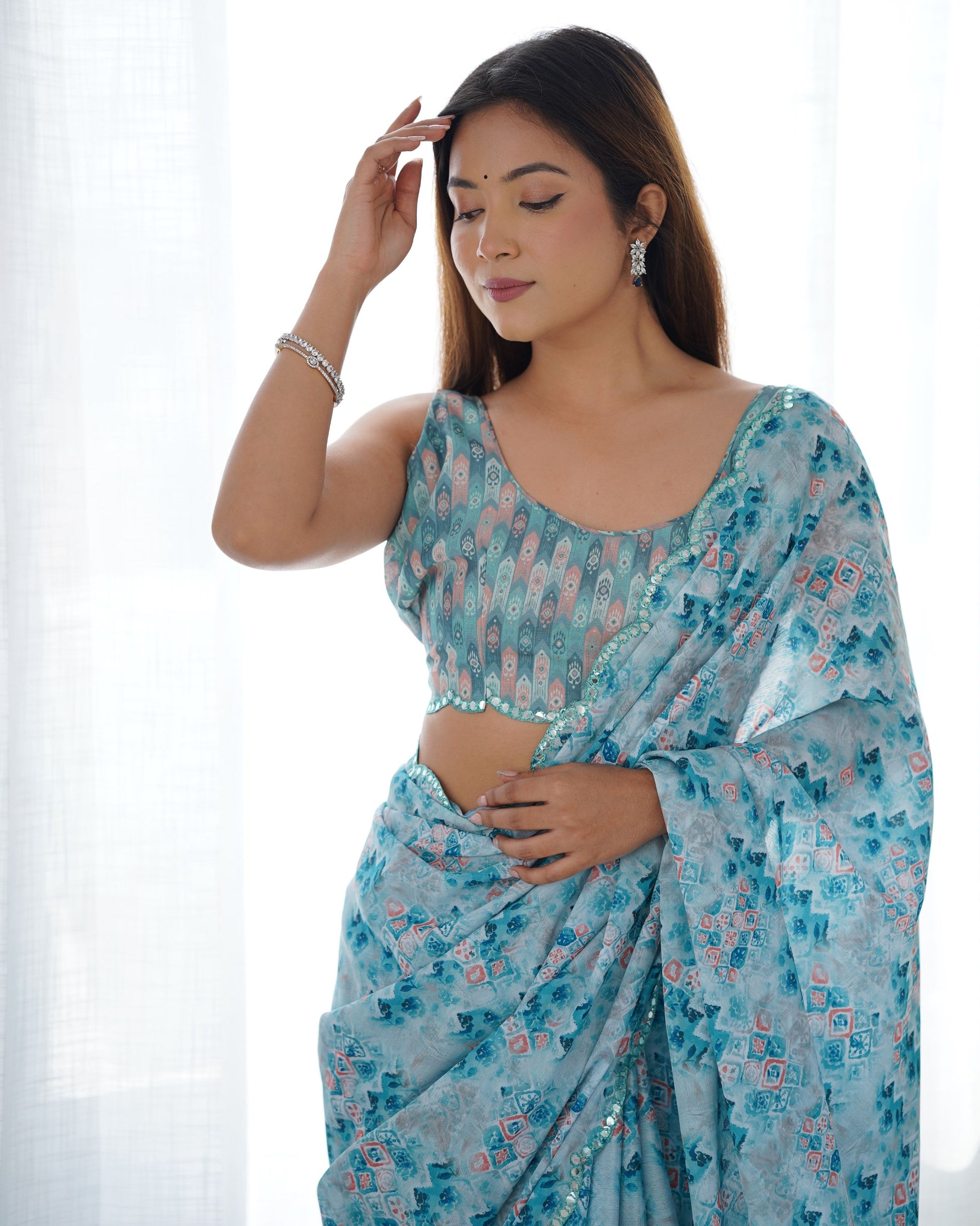 Jyoti Fashion Women's Sky Blue Chinon Print with Mirror Work Designer Saree with Blouse | Swadesiicart