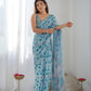 Jyoti Fashion Women's Sky Blue Chinon Print with Mirror Work Designer Saree with Blouse | Swadesiicart