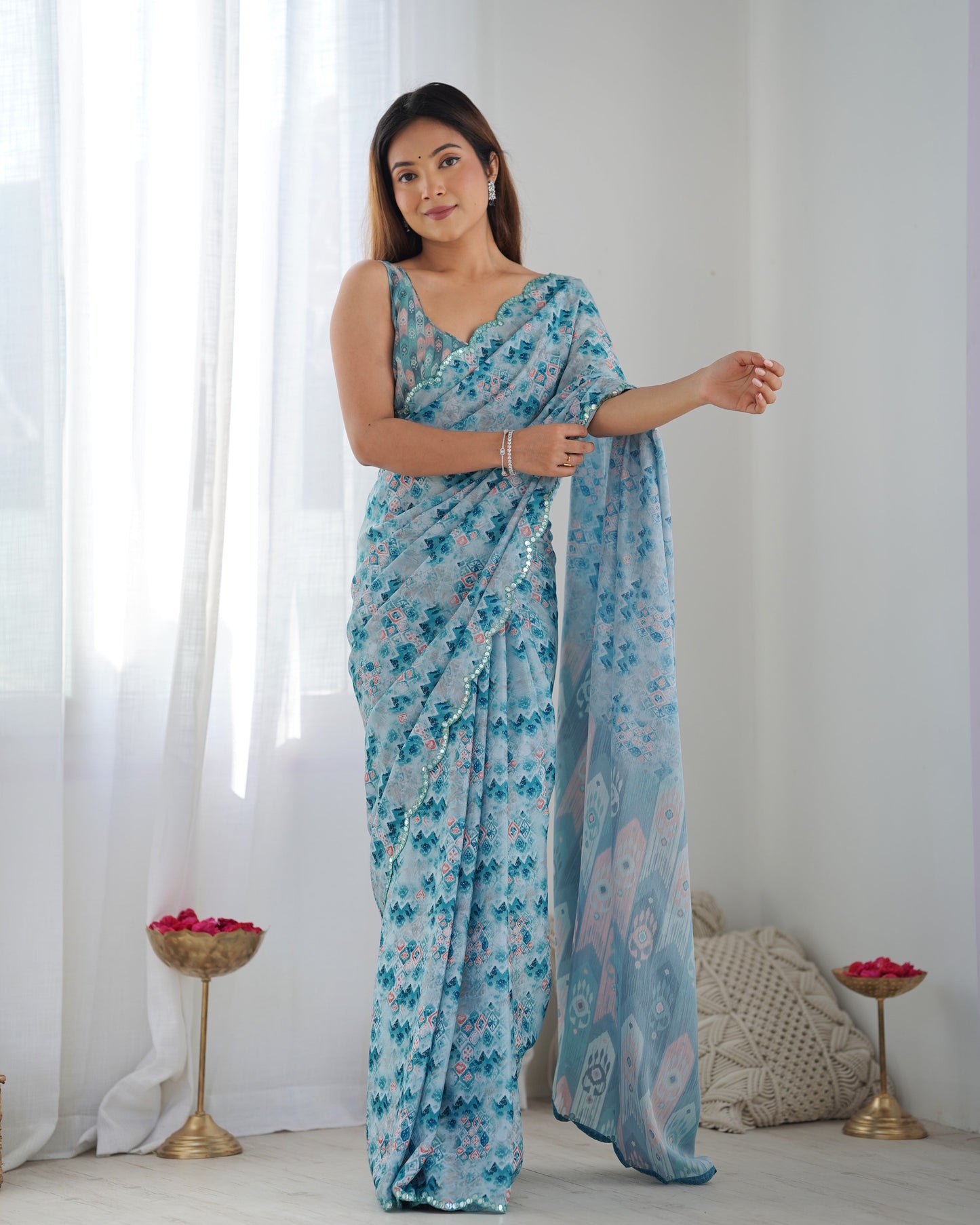 Jyoti Fashion Women's Sky Blue Chinon Print with Mirror Work Designer Saree with Blouse | Swadesiicart