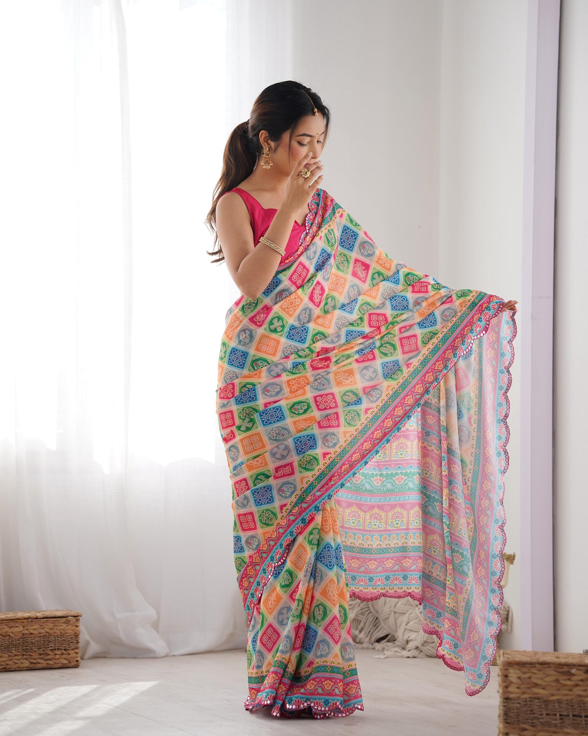 Jyoti Fashion Women's Multicolor Chinon Print with Mirror Work Designer Saree with Blouse | Swadesiicart
