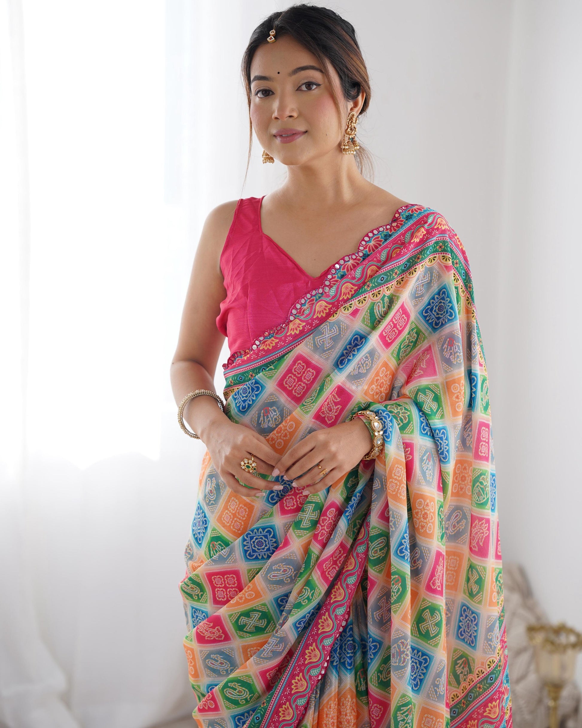 Jyoti Fashion Women's Multicolor Chinon Print with Mirror Work Designer Saree with Blouse | Swadesiicart