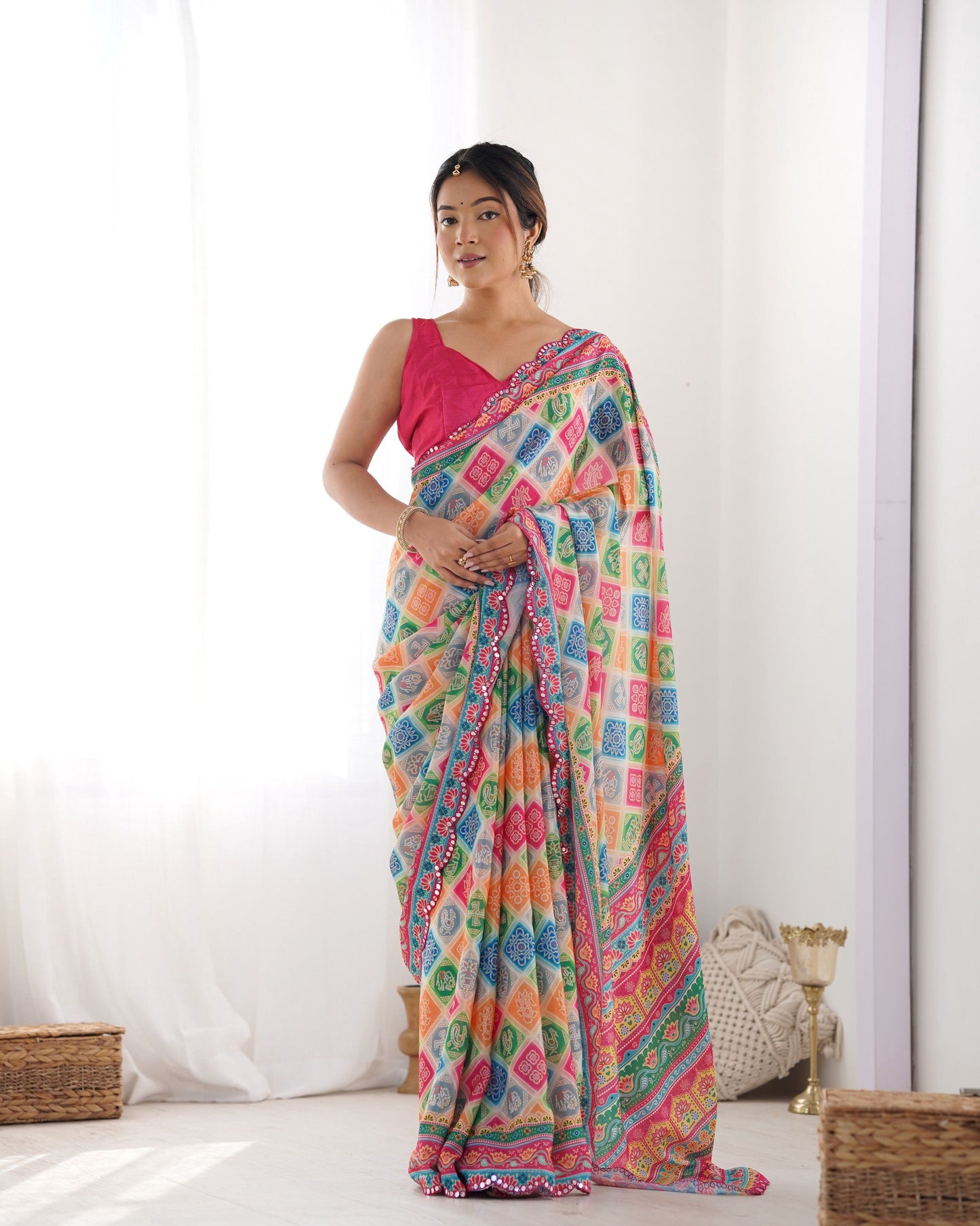 Jyoti Fashion Women's Multicolor Chinon Print with Mirror Work Designer Saree with Blouse | Swadesiicart