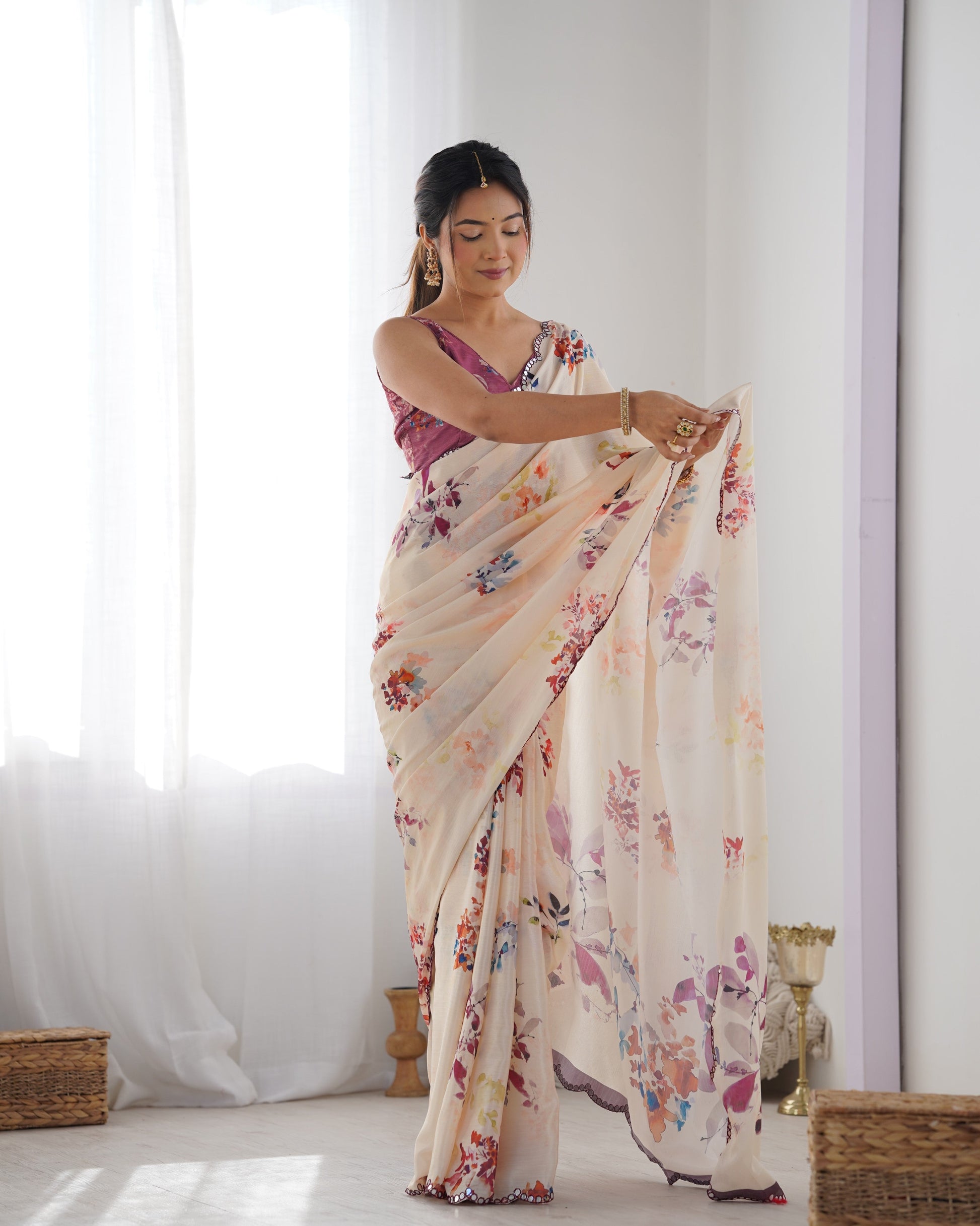 Jyoti Fashion Women's Off White Chinon Print with Mirror Work Designer Saree with Blouse | Swadesiicart