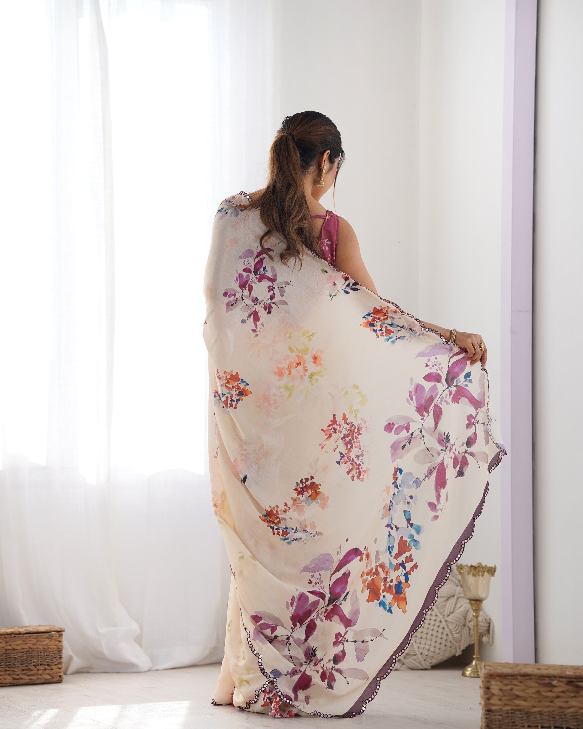 Jyoti Fashion Women's Off White Chinon Print with Mirror Work Designer Saree with Blouse | Swadesiicart