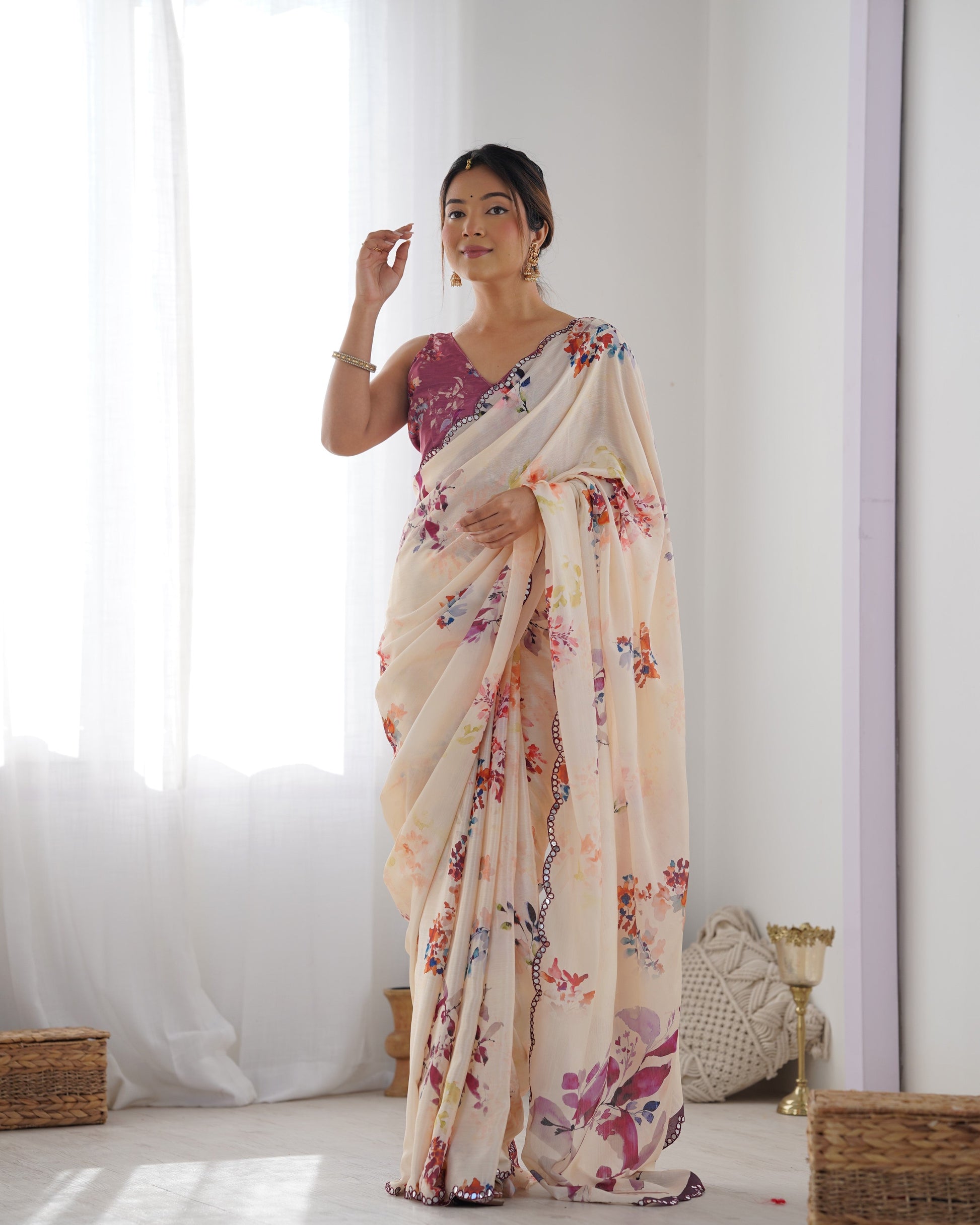Jyoti Fashion Women's Off White Chinon Print with Mirror Work Designer Saree with Blouse | Swadesiicart
