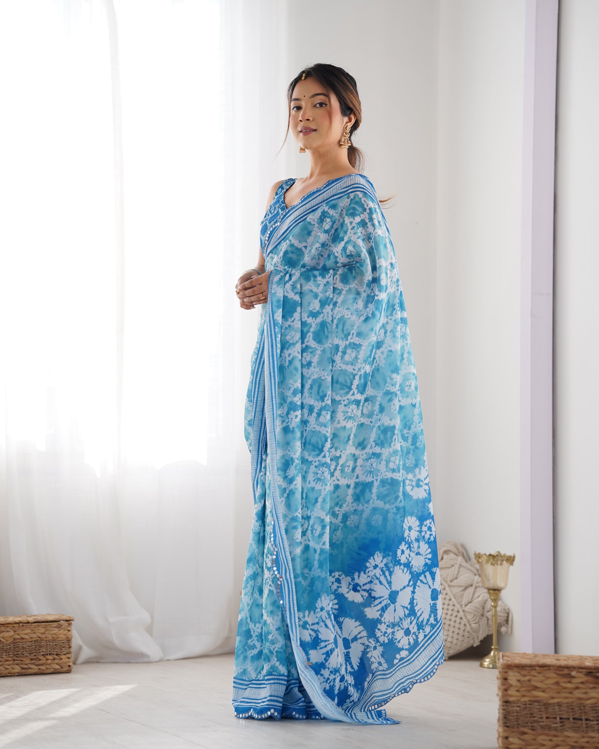 Jyoti Fashion Women's Sky Blue Chinon Print with Mirror Work Designer Saree with Blouse | Swadesiicart