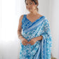Jyoti Fashion Women's Sky Blue Chinon Print with Mirror Work Designer Saree with Blouse | Swadesiicart