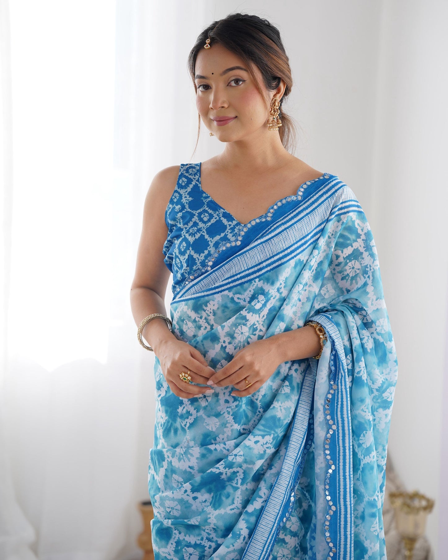Jyoti Fashion Women's Sky Blue Chinon Print with Mirror Work Designer Saree with Blouse | Swadesiicart