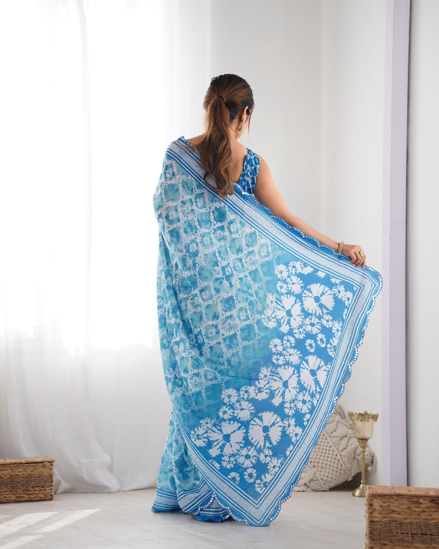 Jyoti Fashion Women's Sky Blue Chinon Print with Mirror Work Designer Saree with Blouse | Swadesiicart