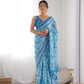 Jyoti Fashion Women's Sky Blue Chinon Print with Mirror Work Designer Saree with Blouse | Swadesiicart