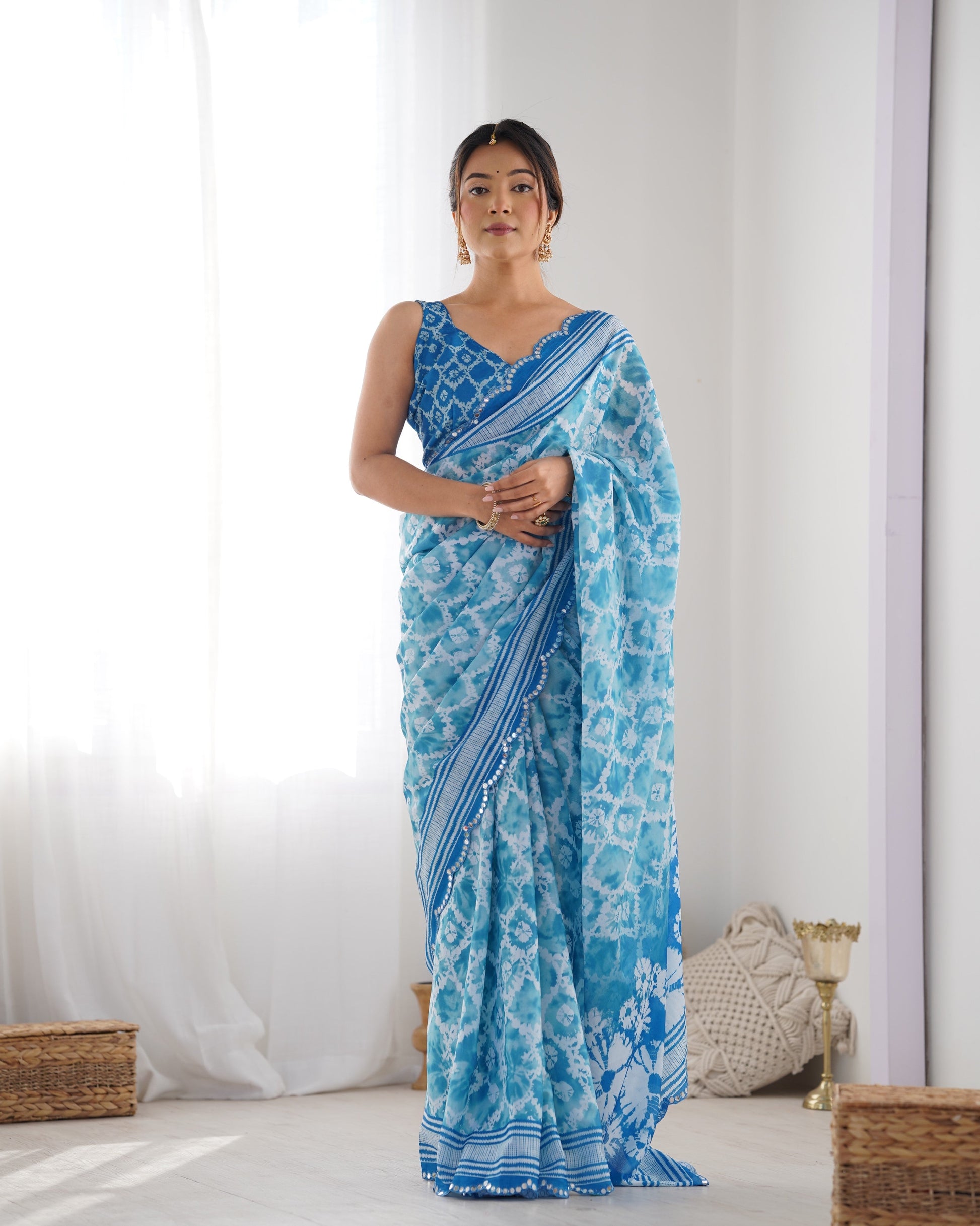 Jyoti Fashion Women's Sky Blue Chinon Print with Mirror Work Designer Saree with Blouse | Swadesiicart