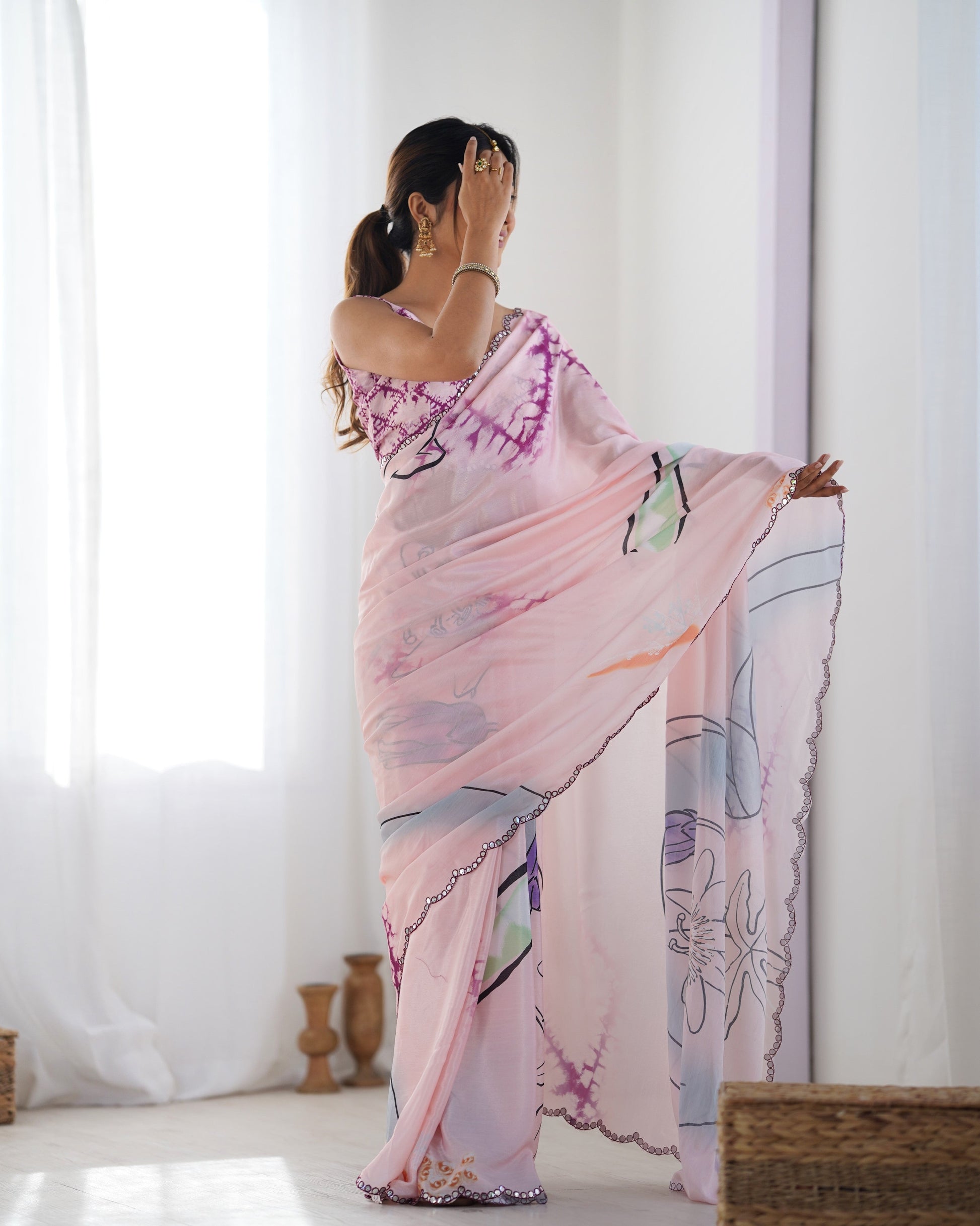 Jyoti Fashion Women's Peach Chinon Print with Mirror Work Designer Saree with Blouse | Swadesiicart