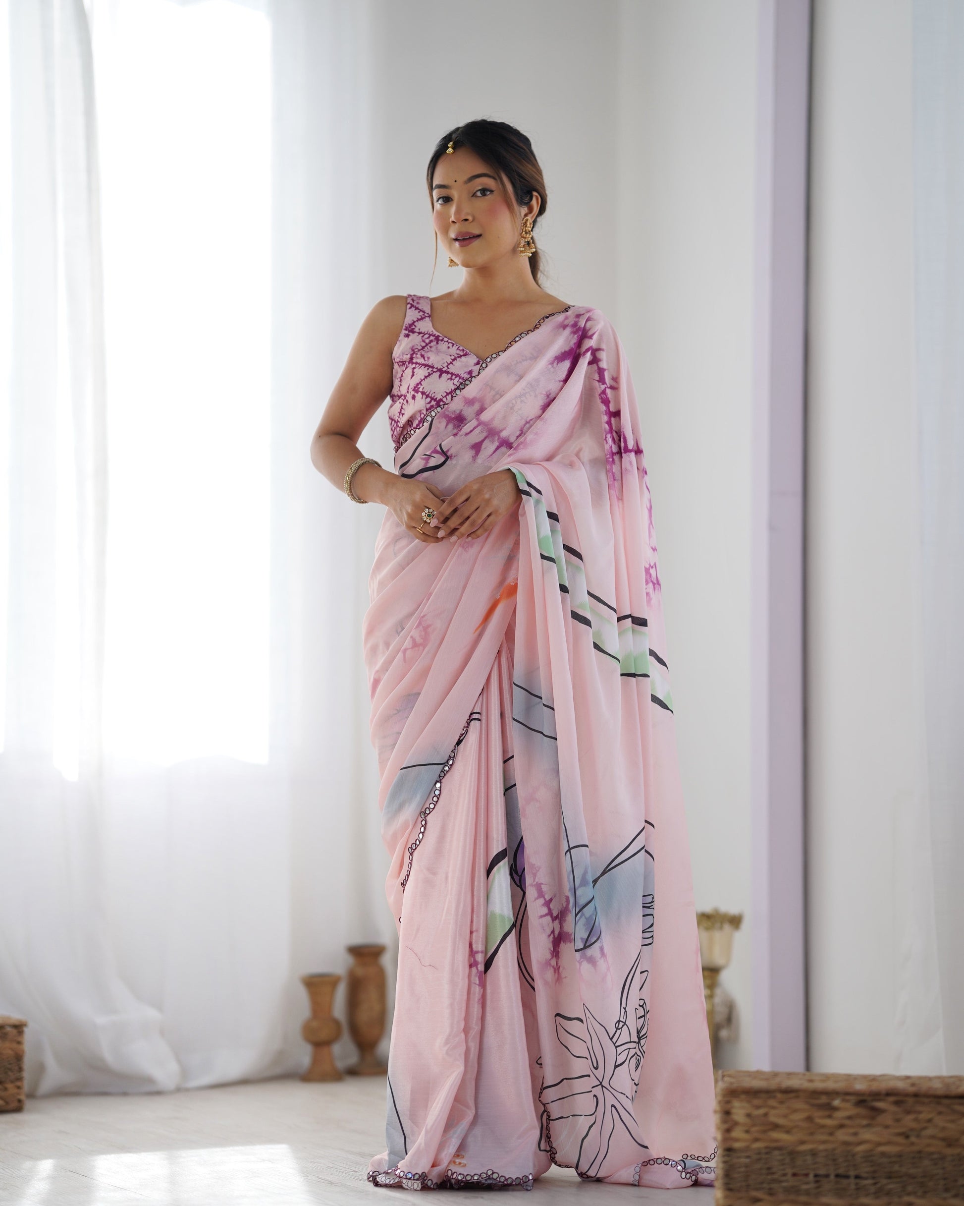 Jyoti Fashion Women's Peach Chinon Print with Mirror Work Designer Saree with Blouse | Swadesiicart