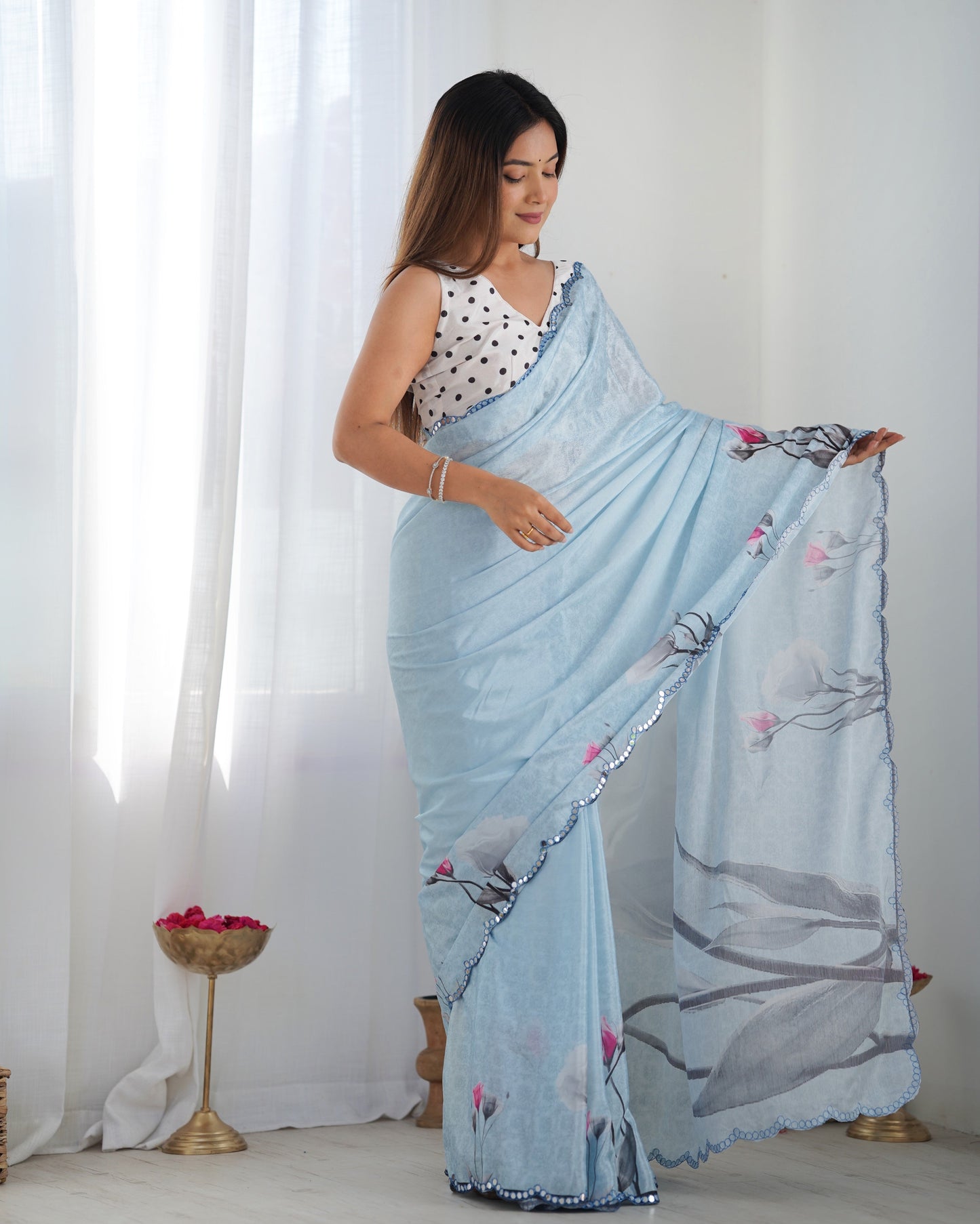 Jyoti Fashion Women's Sky Blue Chinon Print with Mirror Work Designer Saree with Blouse | Swadesiicart