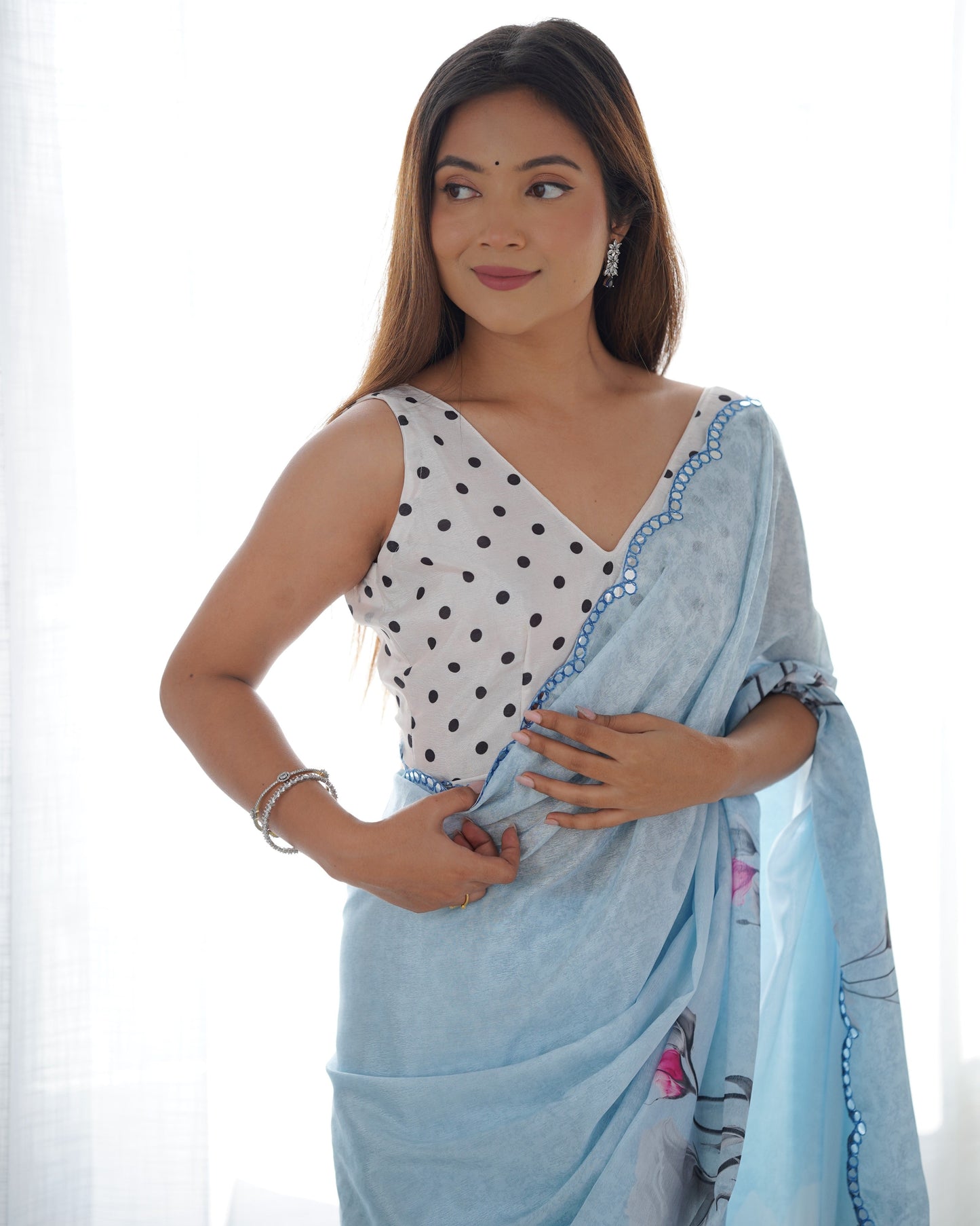 Jyoti Fashion Women's Sky Blue Chinon Print with Mirror Work Designer Saree with Blouse | Swadesiicart