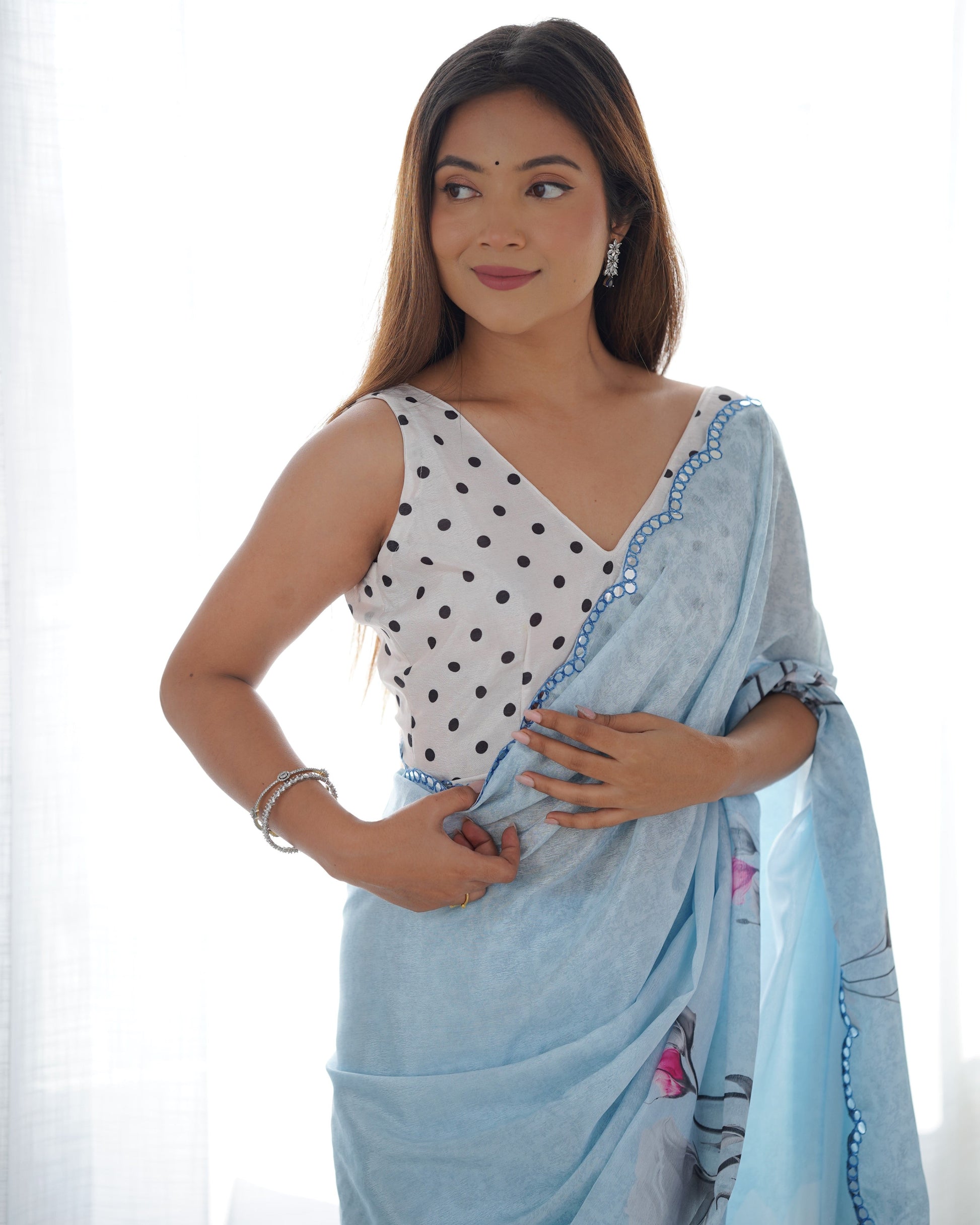 Jyoti Fashion Women's Sky Blue Chinon Print with Mirror Work Designer Saree with Blouse | Swadesiicart