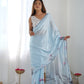 Jyoti Fashion Women's Sky Blue Chinon Print with Mirror Work Designer Saree with Blouse | Swadesiicart