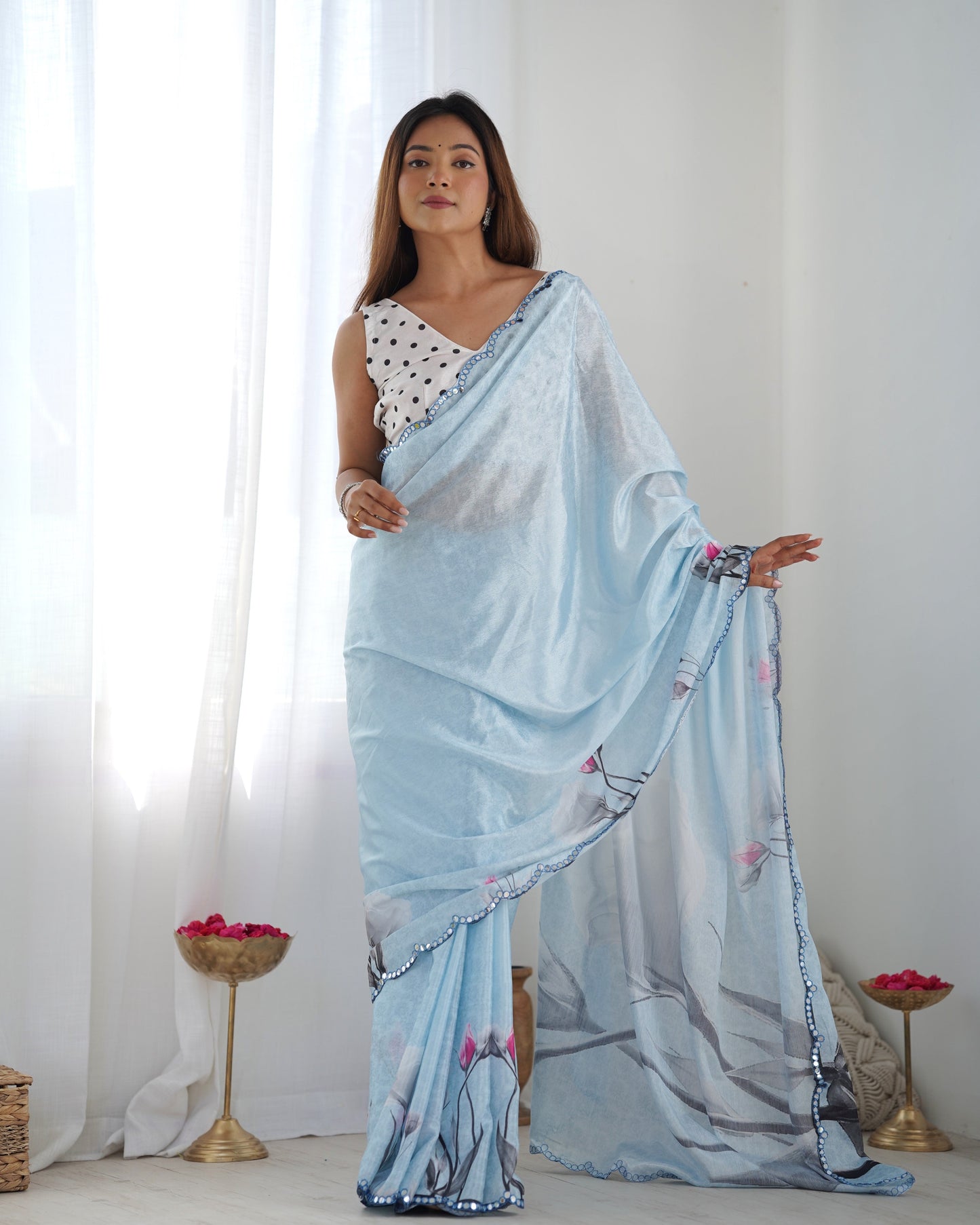 Jyoti Fashion Women's Sky Blue Chinon Print with Mirror Work Designer Saree with Blouse | Swadesiicart