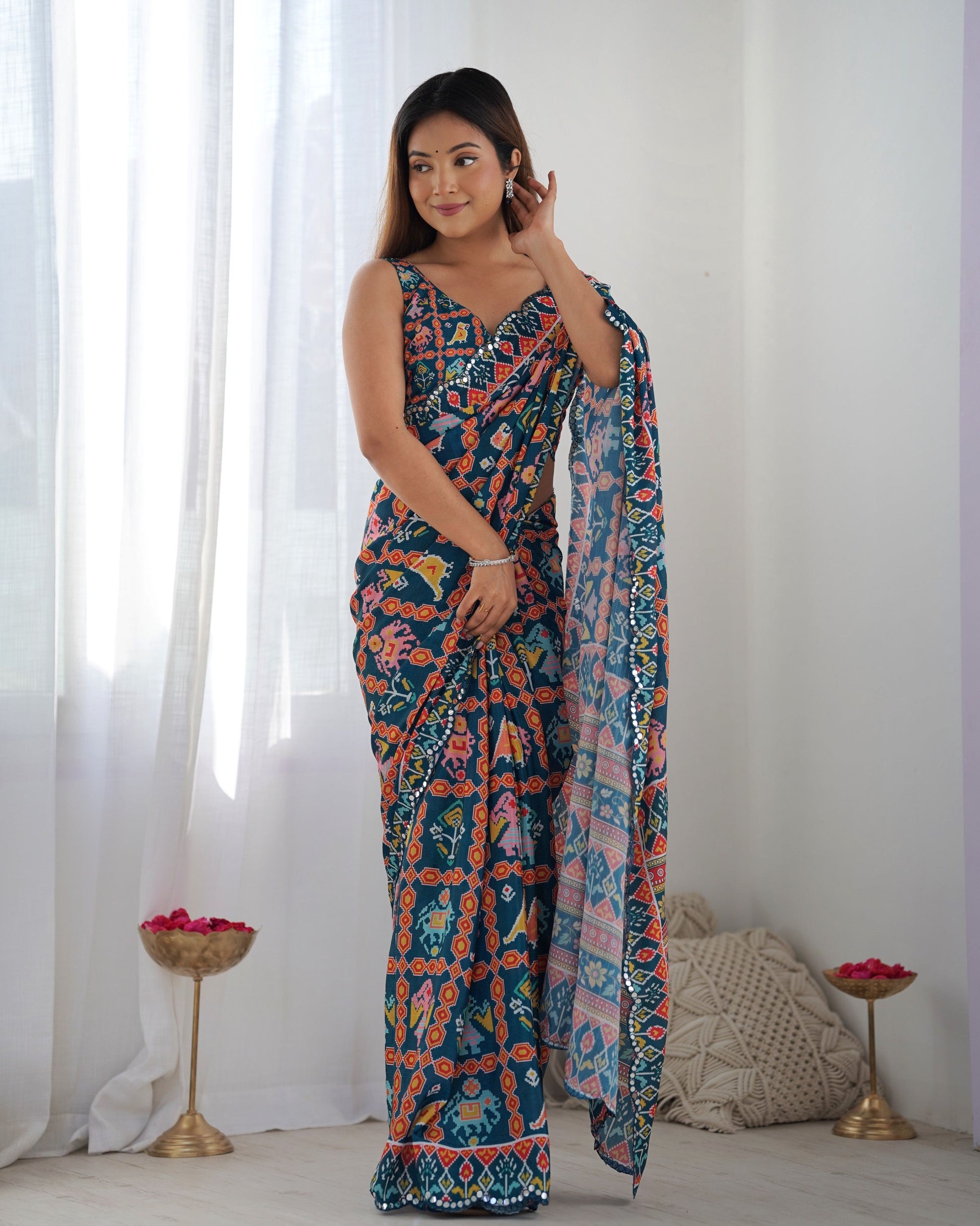 Jyoti Fashion Women's Teal Chinon Print with Mirror Work Designer Saree with Blouse | Swadesiicart