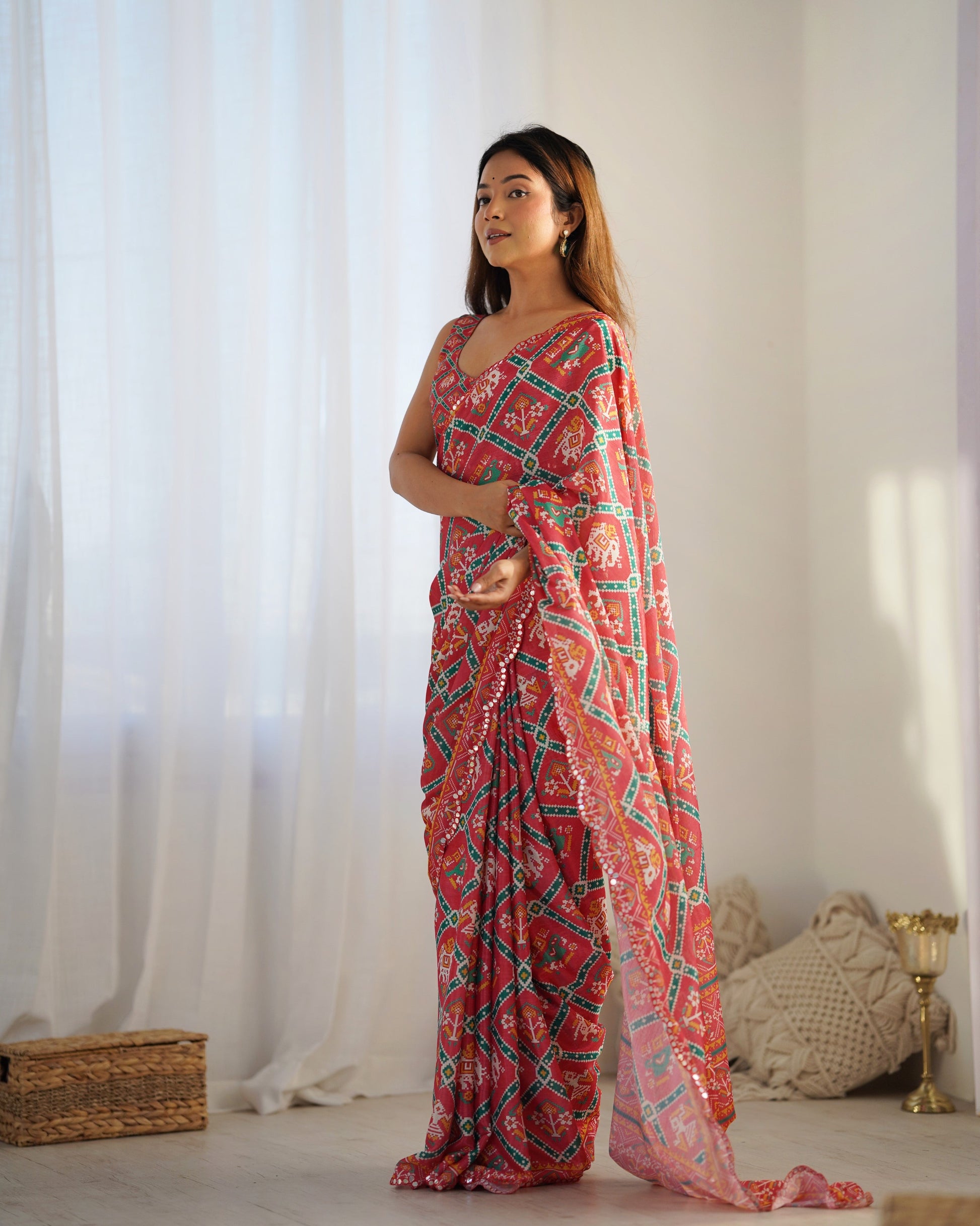 Jyoti Fashion Women's Maroon Chinon Print with Mirror Work Designer Saree with Blouse | Swadesiicart