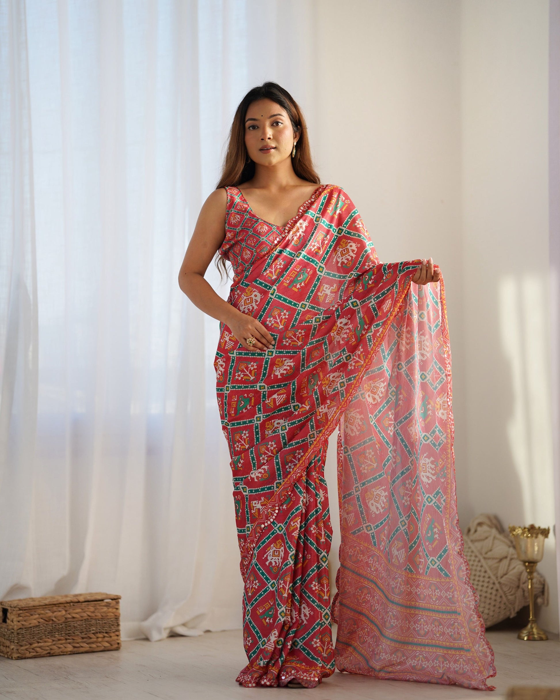 Jyoti Fashion Women's Maroon Chinon Print with Mirror Work Designer Saree with Blouse | Swadesiicart