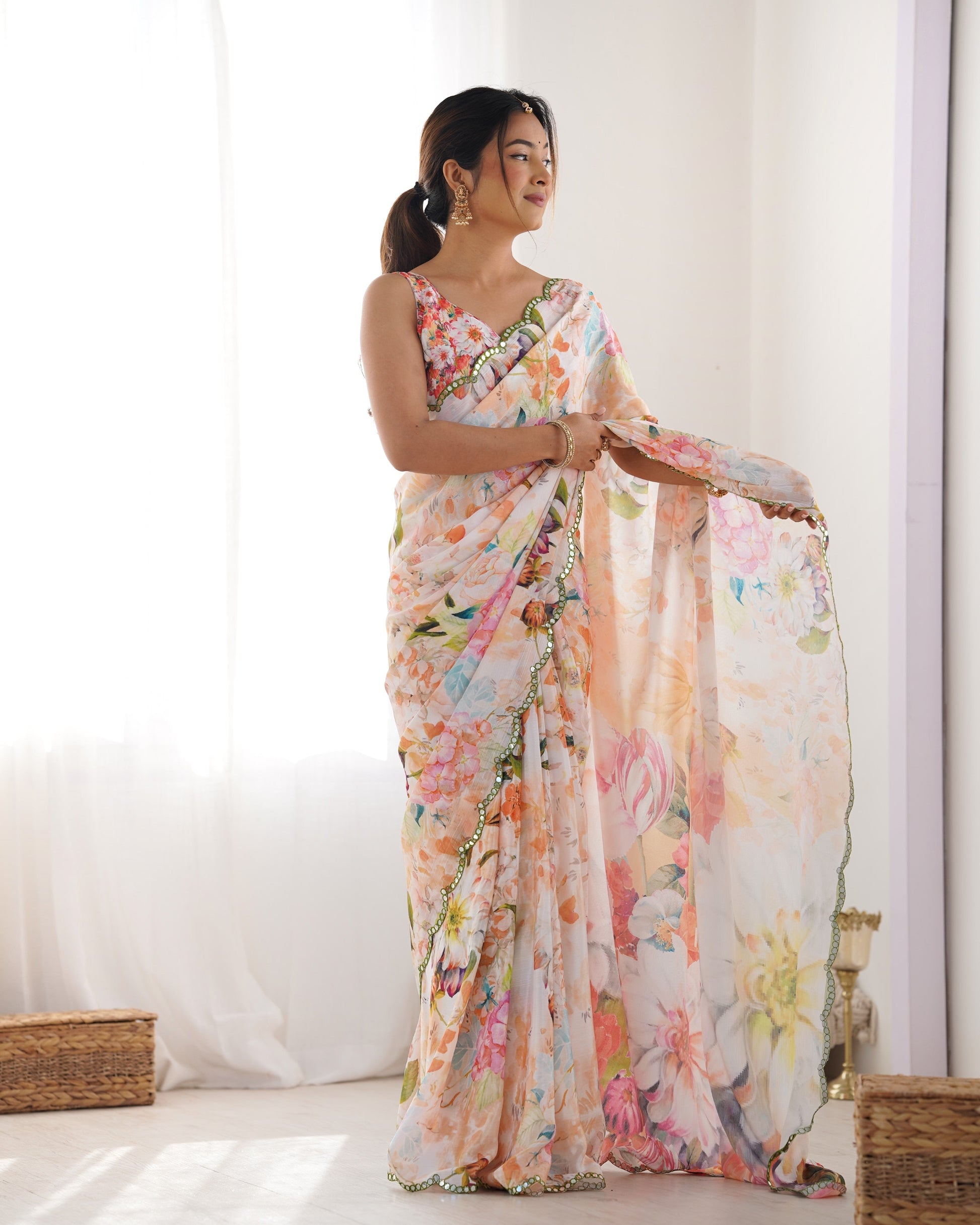 Jyoti Fashion Women's Multicolor Chinon Print with Mirror Work Designer Saree with Blouse | Swadesiicart