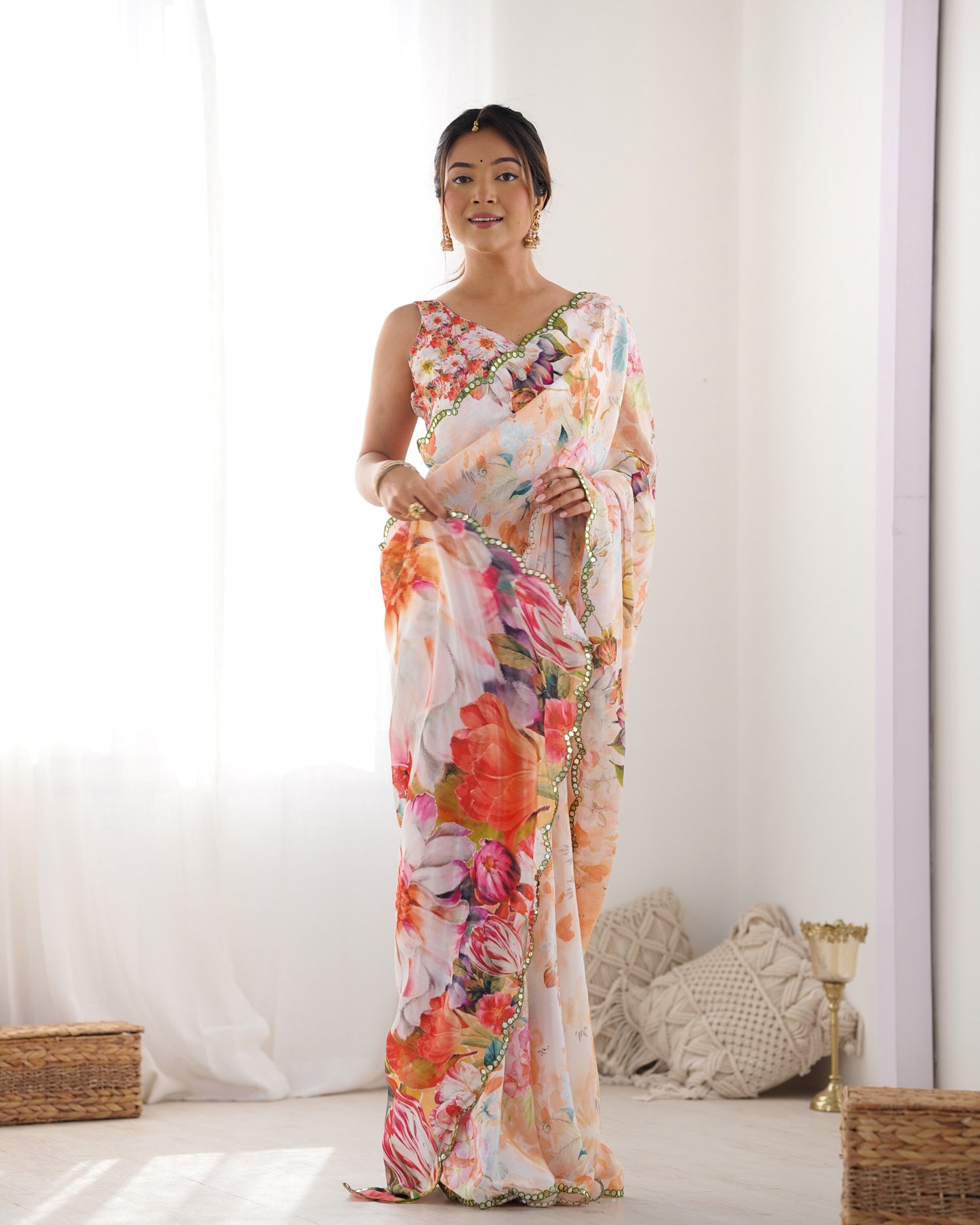 Jyoti Fashion Women's Multicolor Chinon Print with Mirror Work Designer Saree with Blouse | Swadesiicart