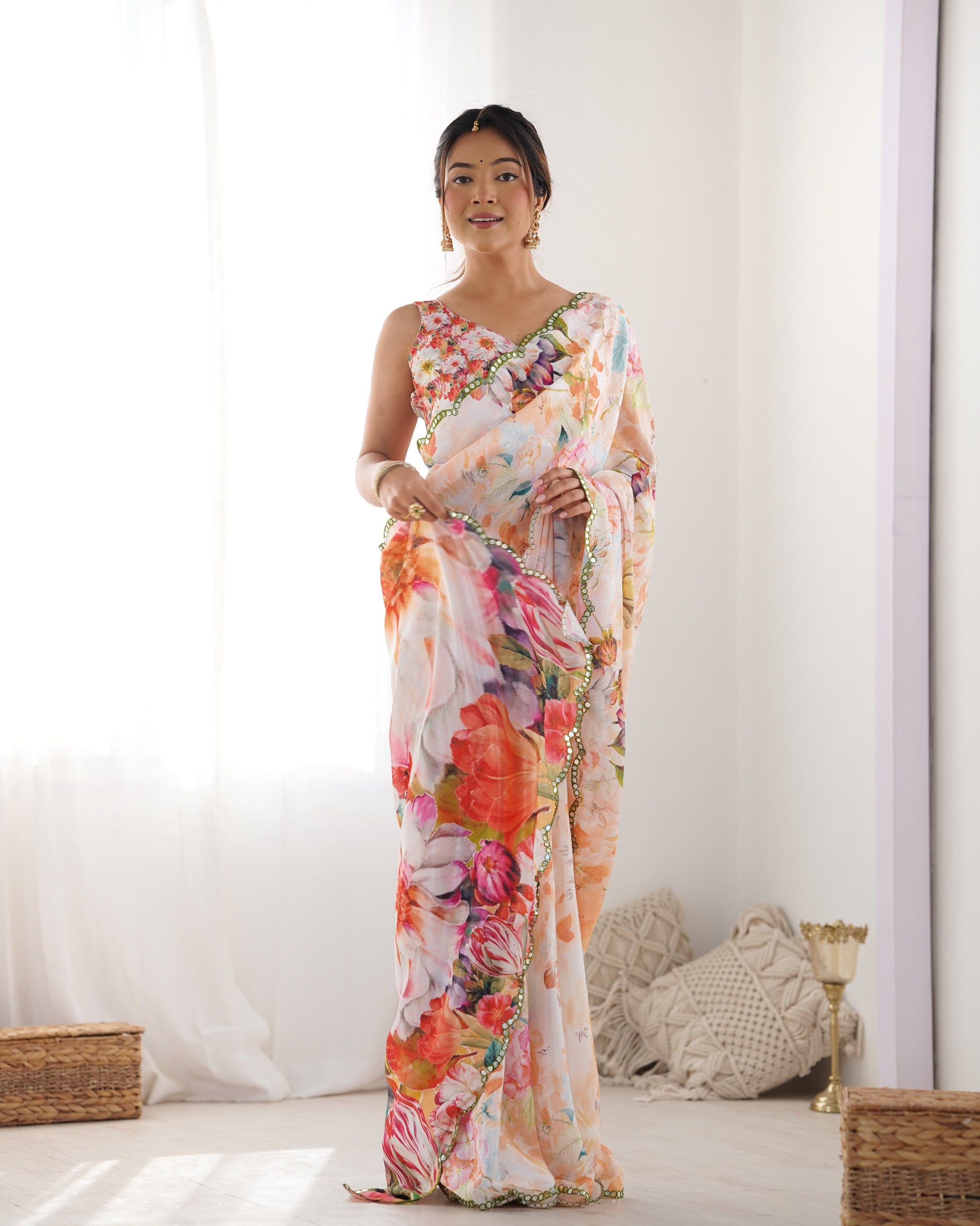 Jyoti Fashion Women's Multicolor Chinon Print with Mirror Work Designer Saree with Blouse | Swadesiicart
