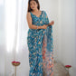 Jyoti Fashion Women's Blue Chinon Print with Mirror Work Designer Saree with Blouse | Swadesiicart