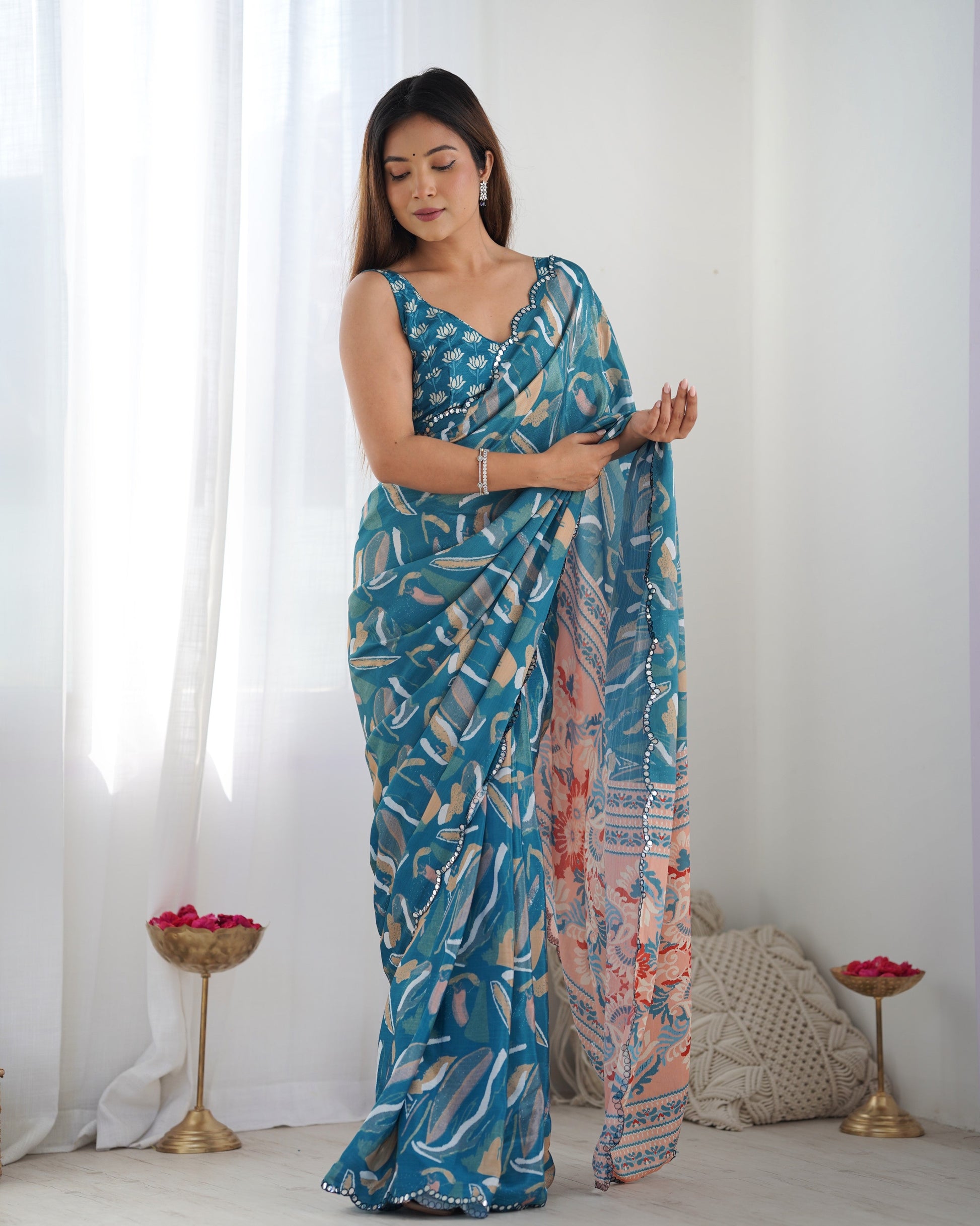 Jyoti Fashion Women's Blue Chinon Print with Mirror Work Designer Saree with Blouse | Swadesiicart