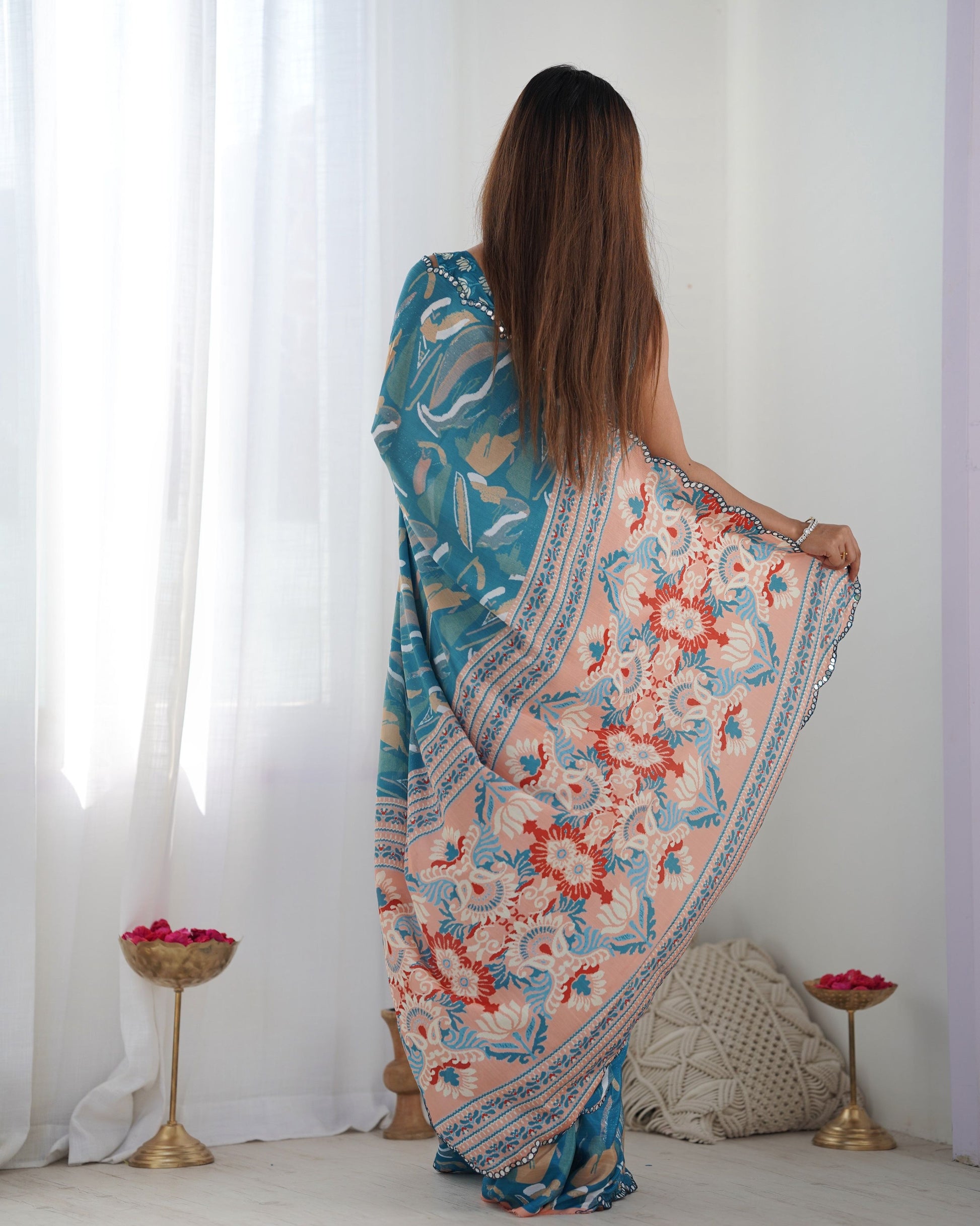 Jyoti Fashion Women's Blue Chinon Print with Mirror Work Designer Saree with Blouse | Swadesiicart
