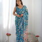 Jyoti Fashion Women's Blue Chinon Print with Mirror Work Designer Saree with Blouse | Swadesiicart