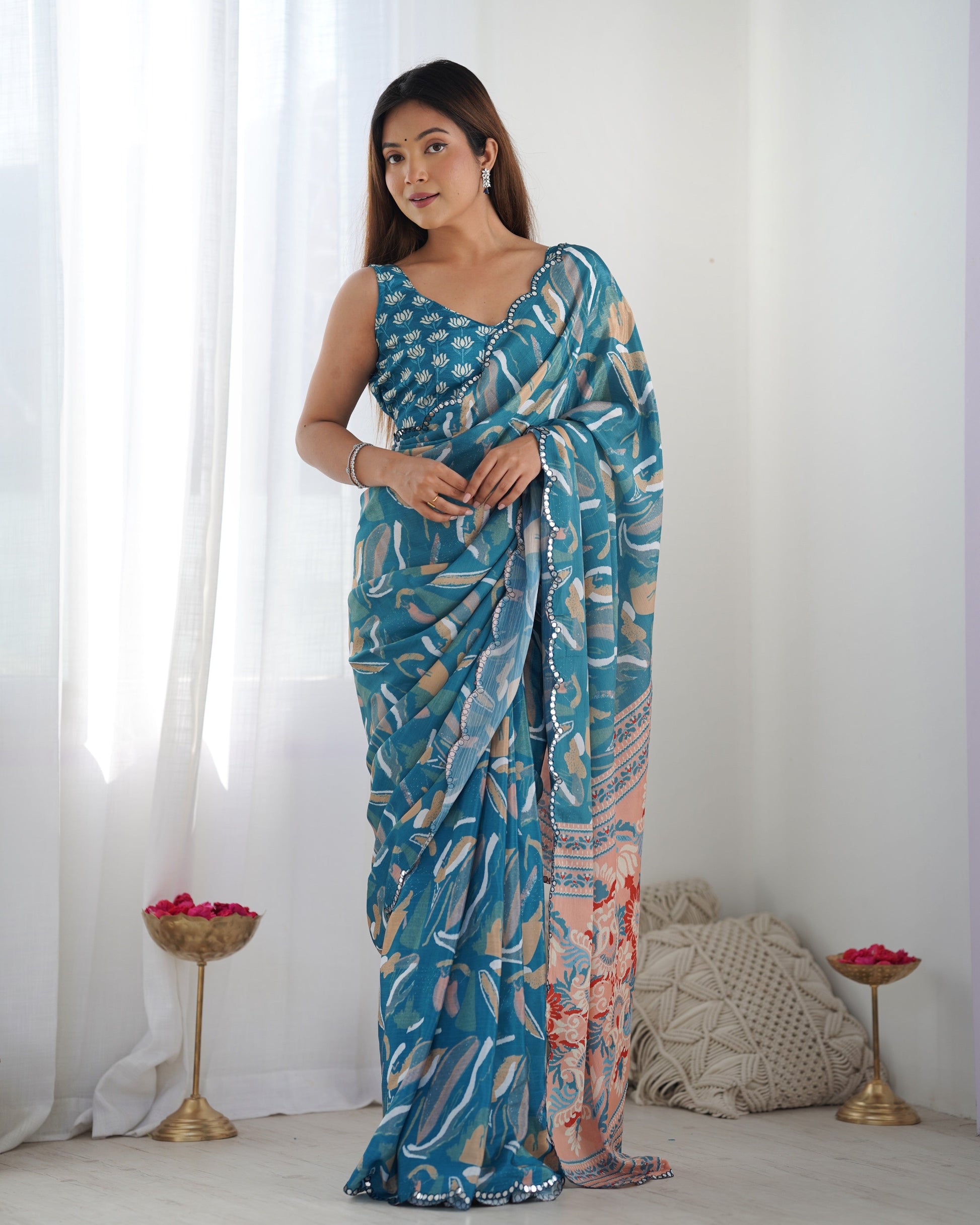 Jyoti Fashion Women's Blue Chinon Print with Mirror Work Designer Saree with Blouse | Swadesiicart