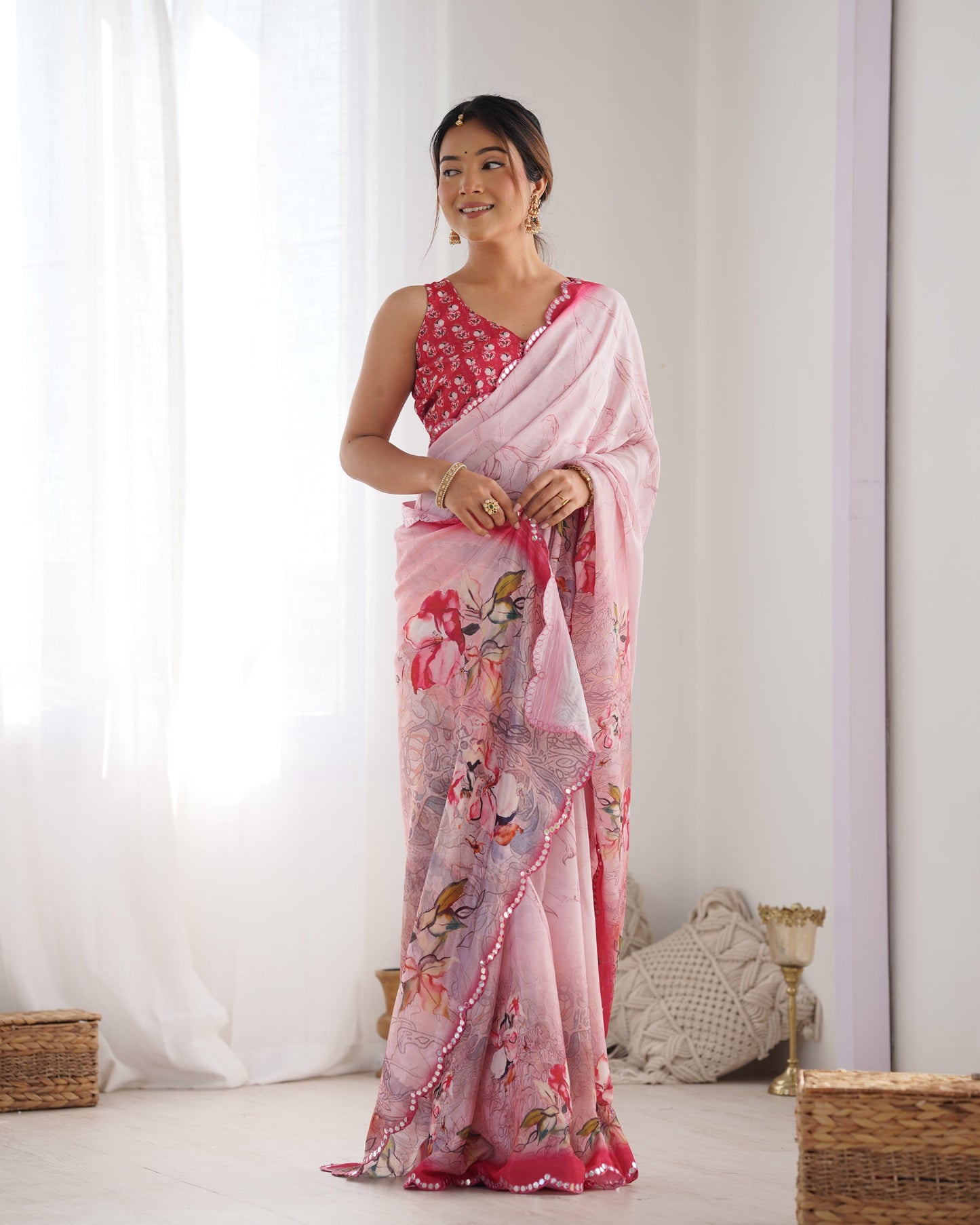 Jyoti Fashion Women's Pink Chinon Print with Mirror Work Designer Saree with Blouse | Swadesiicart