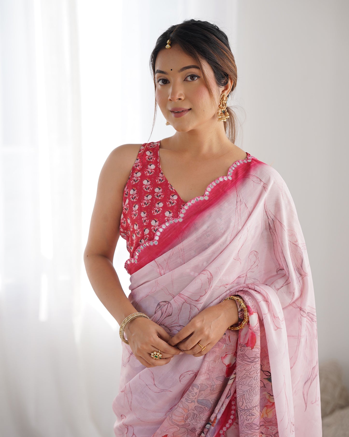 Jyoti Fashion Women's Pink Chinon Print with Mirror Work Designer Saree with Blouse | Swadesiicart